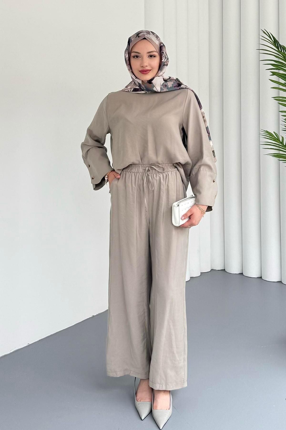 Modaensarbutik Geniş Kol Oversize Pantolonlu Tesettür Takım-MİNT YEŞİLİ
