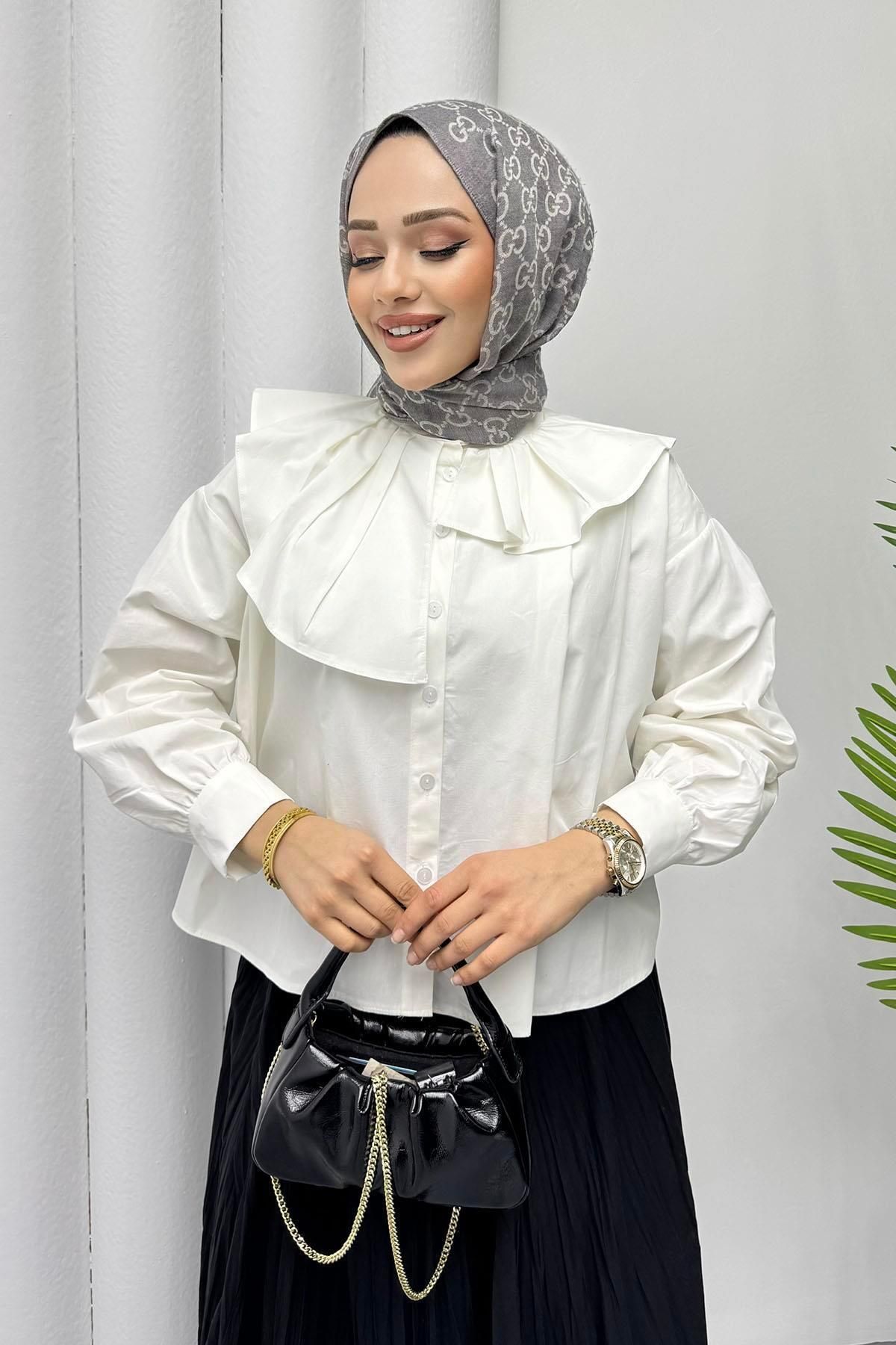 Modaensarbutik Yaka Detaylı Kısa Mini Tesettür Gömlek-BEYAZ
