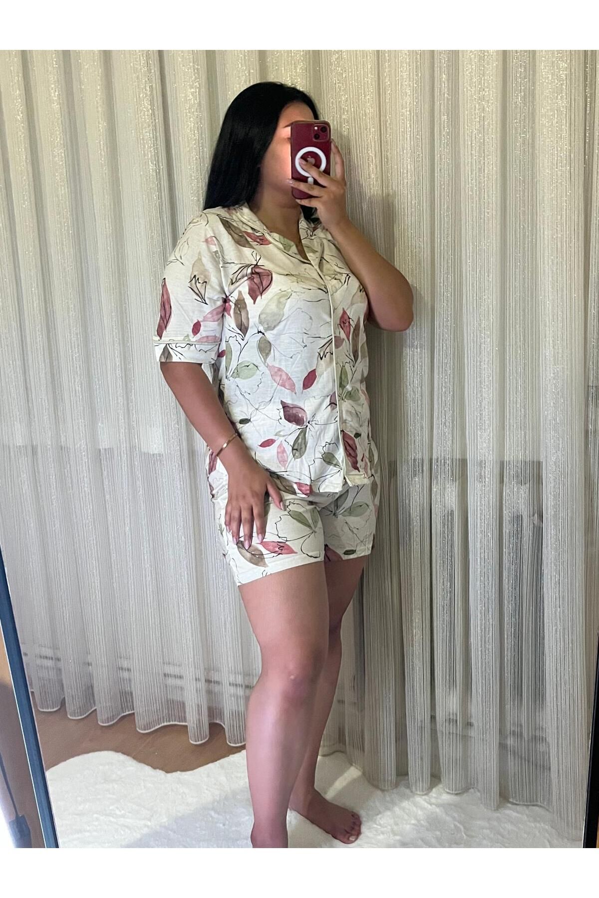 MEF Boutique Kadın %100 Pamuklu Kısa Kollu Şortlu Pijama Takımı – Yazlık / Rahat Kalıp