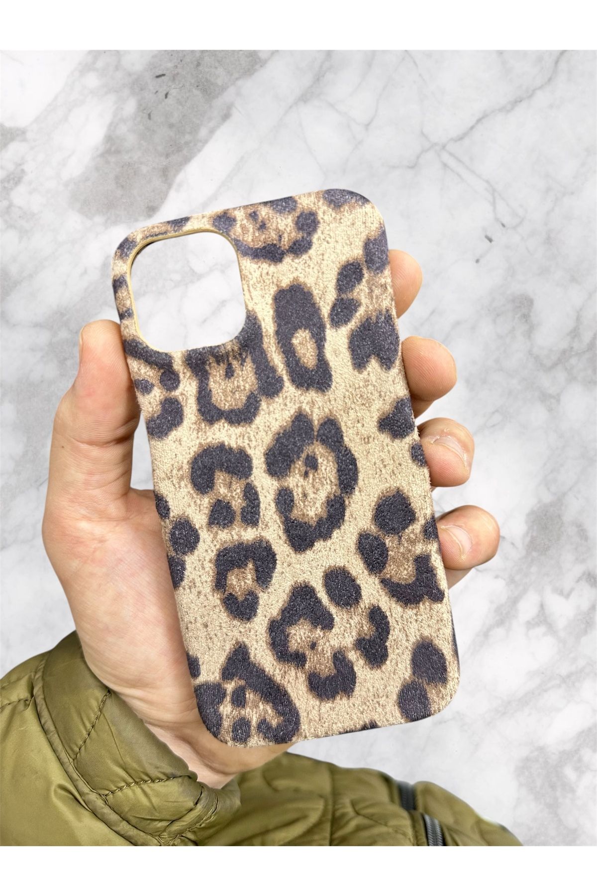 BURKİNA iPhone 13 ve 14 için İç Yüzey Kadife Dışı Tüylü Leopar Desenli Telefon Kılıfı