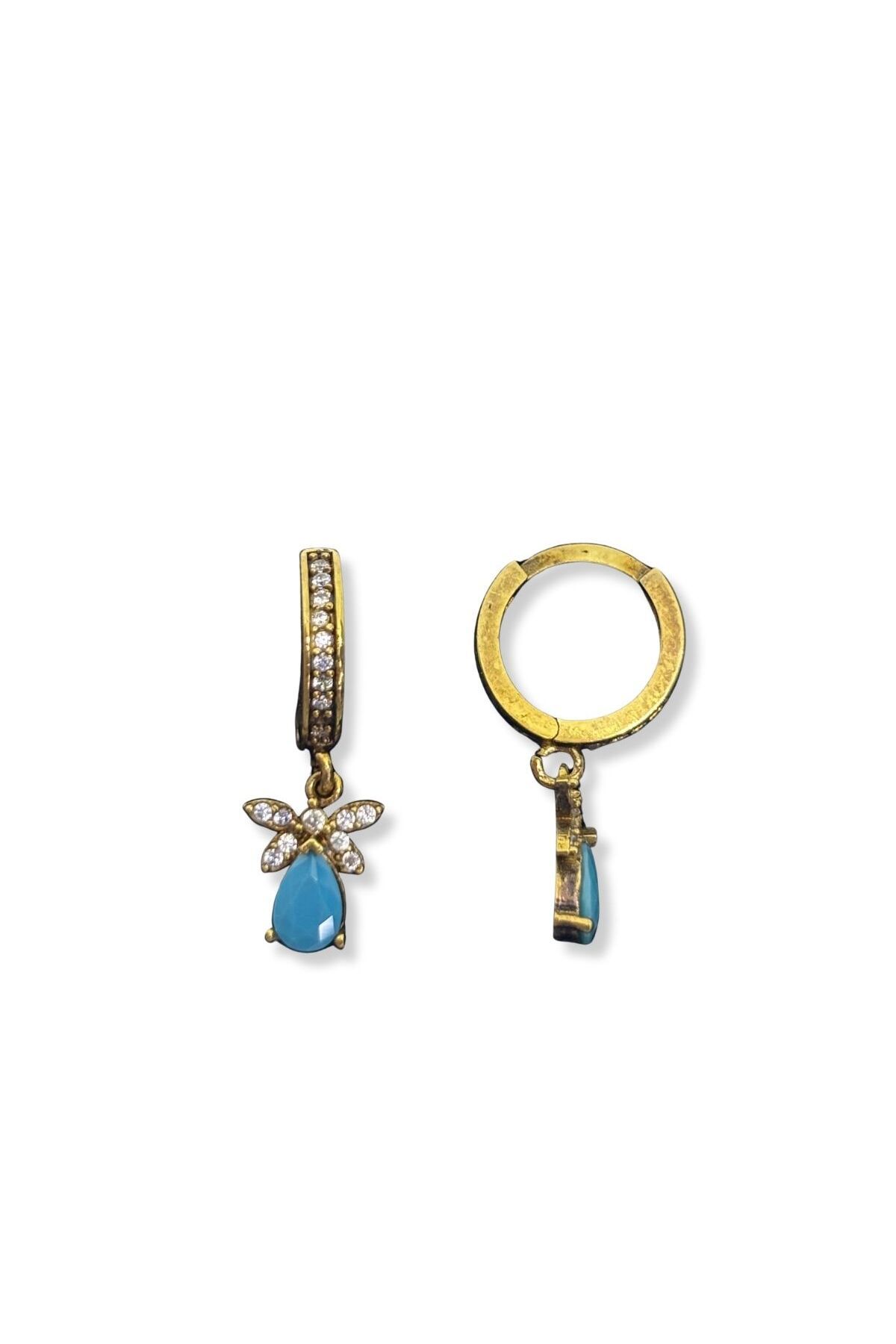 oya silver Minimal Taşlı Sallantılı Kelebek Akuamarin 24K Altın Kaplama Gümüş Halka Küpe 1.2x1.2 cm