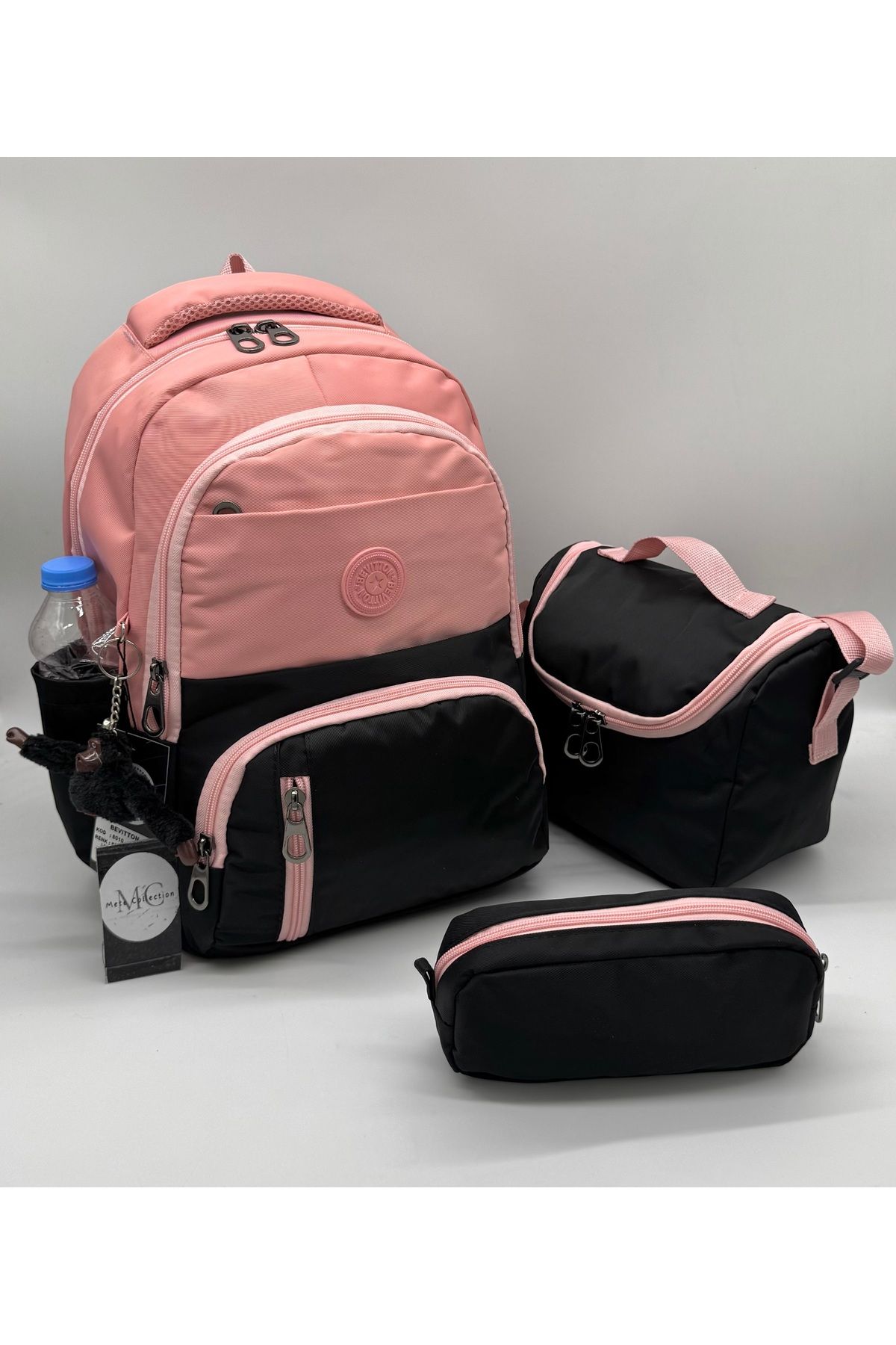 MegiHero ilk Okul Çantası 3'lü Seti Unisex Çocuk ilkokul Çantası Mtc-8010 Pudra-Siyah