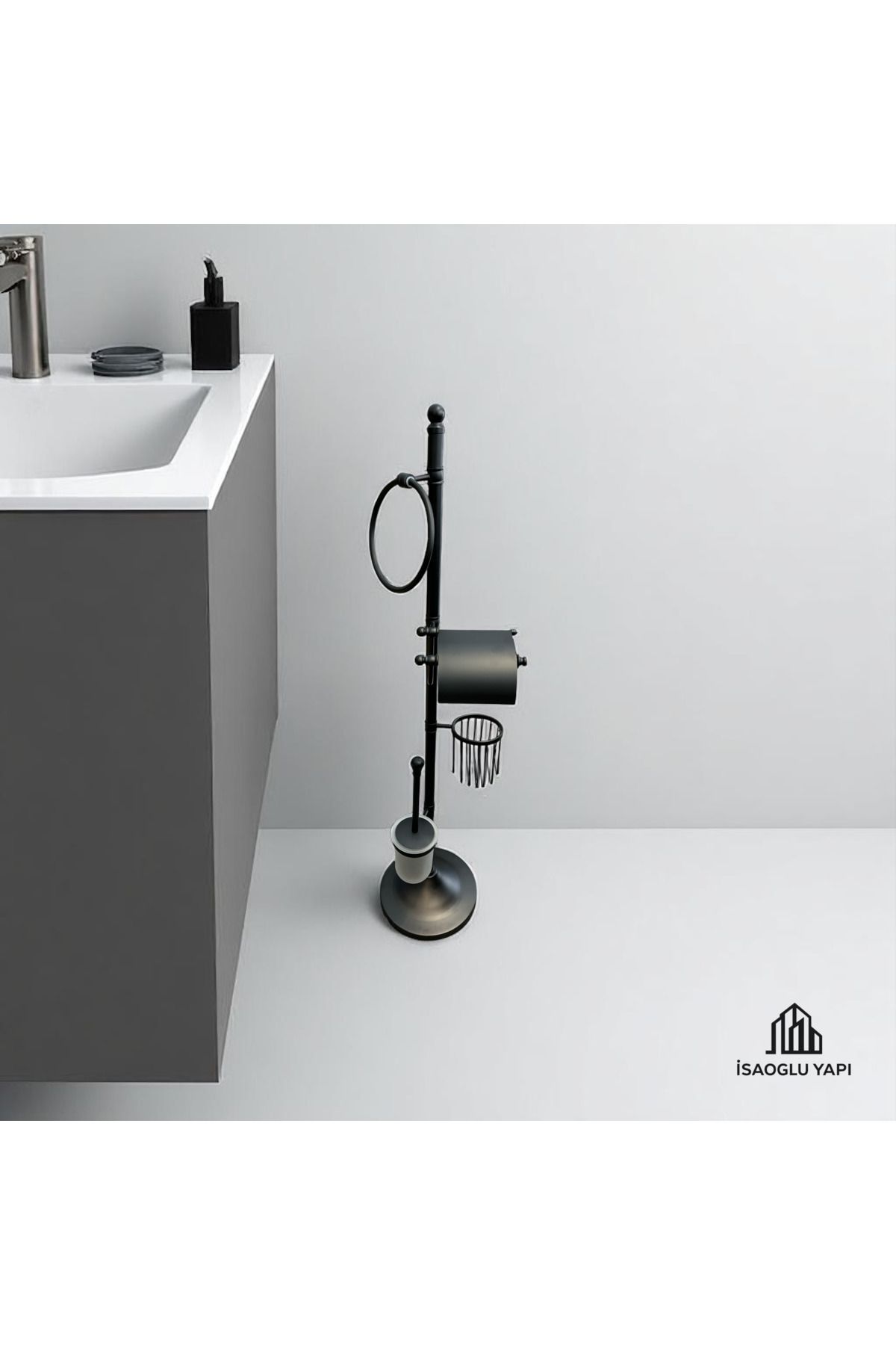 İSAOĞLU YAPI Siyah Tuvalet Kağıtlığı Siyah Klozet Fırçası Siyah Havluluk Komple Banyo Seti Pirinç Materyal