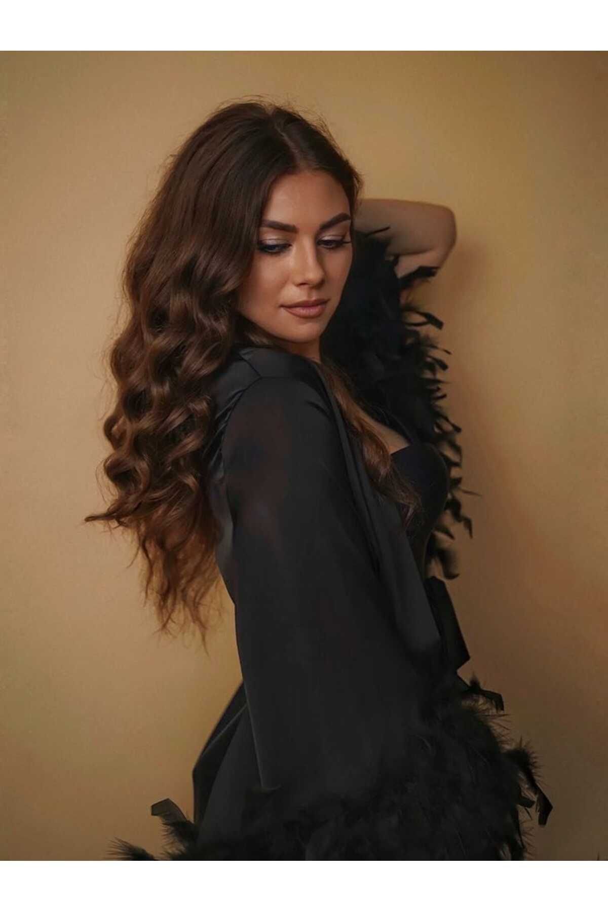VELİNA GROUP Siyah İpeksi Saten ,Gelin Sabahlığı, Sabahlık Kimono Kaz Tüylü.