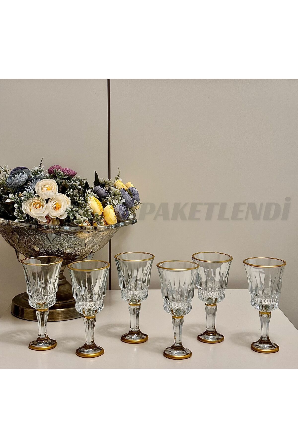 PAKETLENDİ Stone Gold 140ml 6' lı Ayaklı Kristal Lale Model Kahve Yanı Bardak
