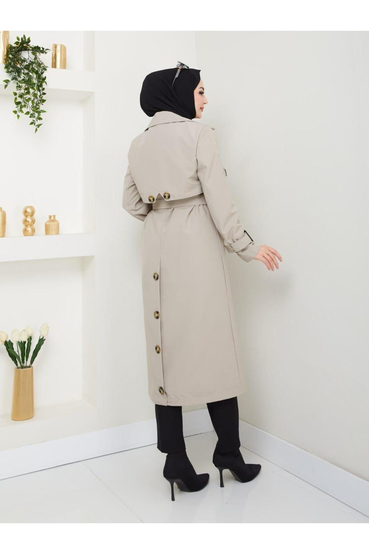 MODA STORE Kruvaze Yakalı Düğme Detaylı Bağlamalı Trençkot