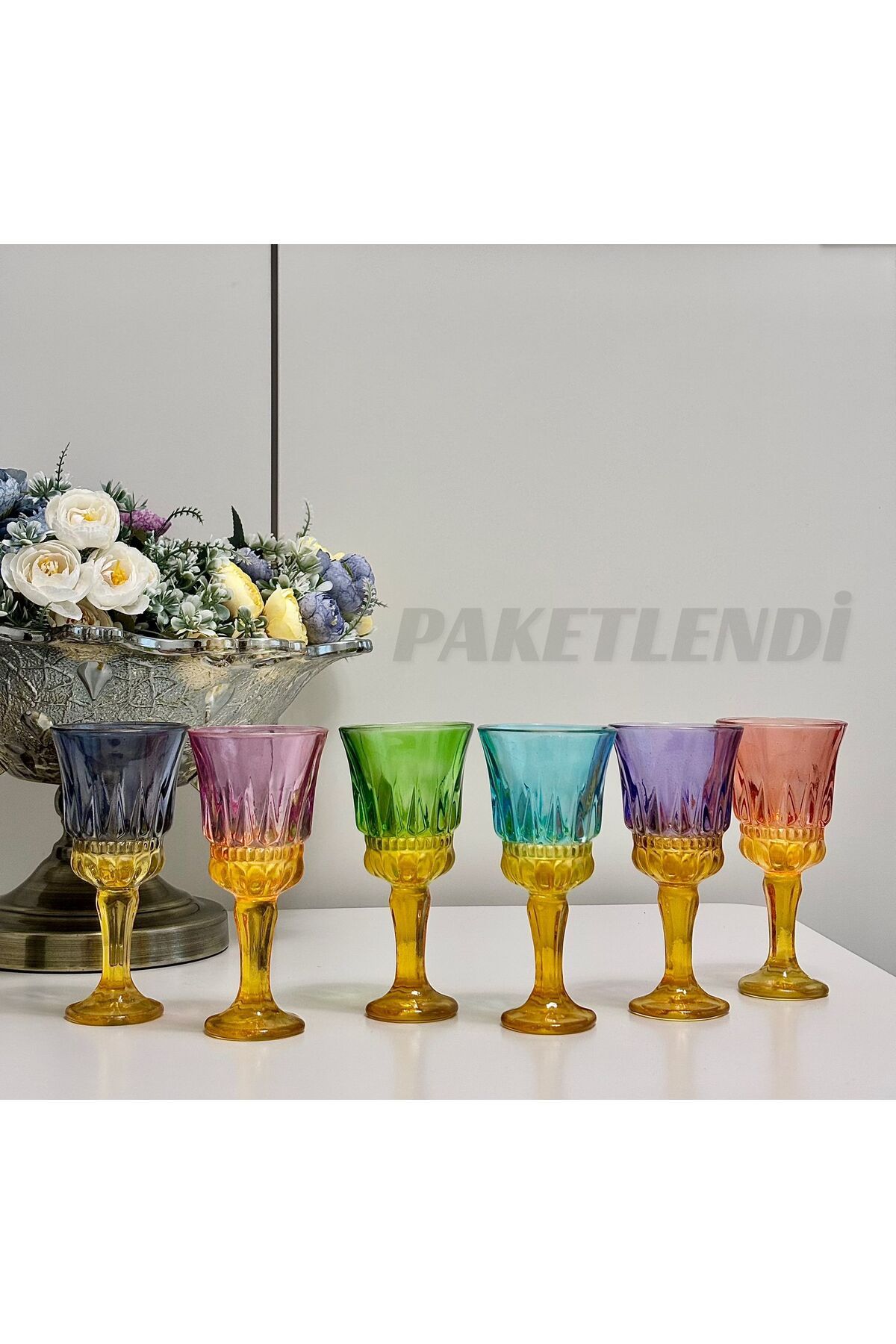 PAKETLENDİ Çift Renk 140ml 6' lı Ayaklı Kristal Lale Model Kahve Yanı Bardak