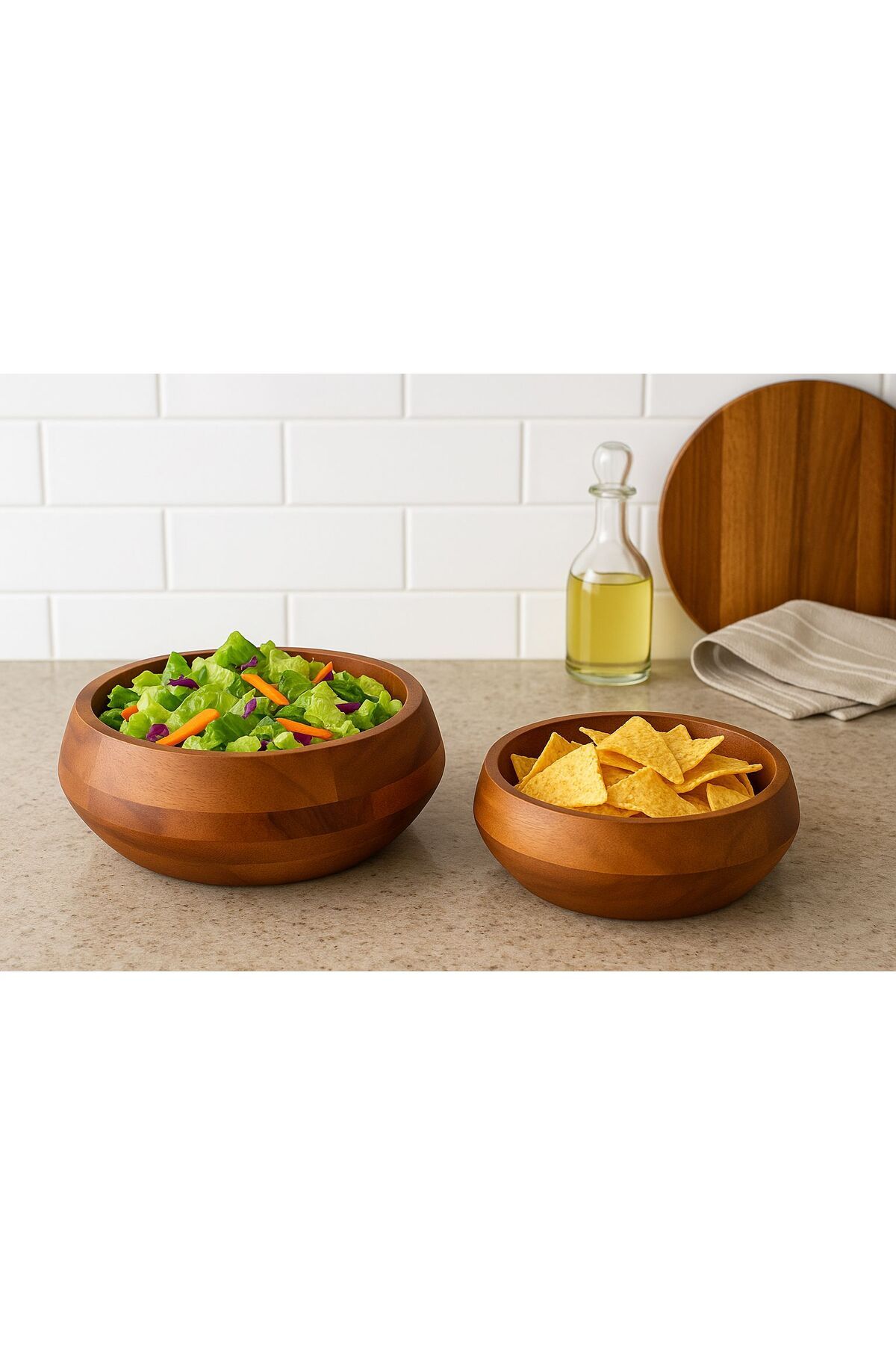 Vera Bambu Büyük Boy İkili Akasya Kase Seti 28 - 22 cm | Meyvelik, Ekmeklik, Salata ve Meze Bowl