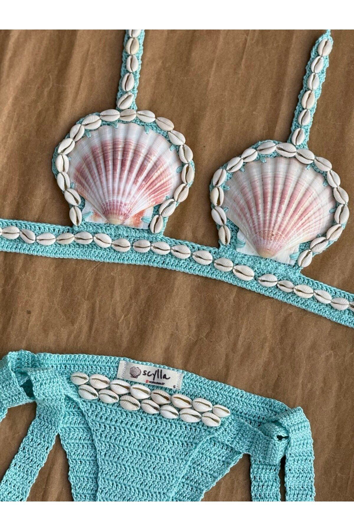 scyllastore Nora El Yapımı Doğal Deniz Kabuklu Ayarlanabilir Örgü Bikini Takımı