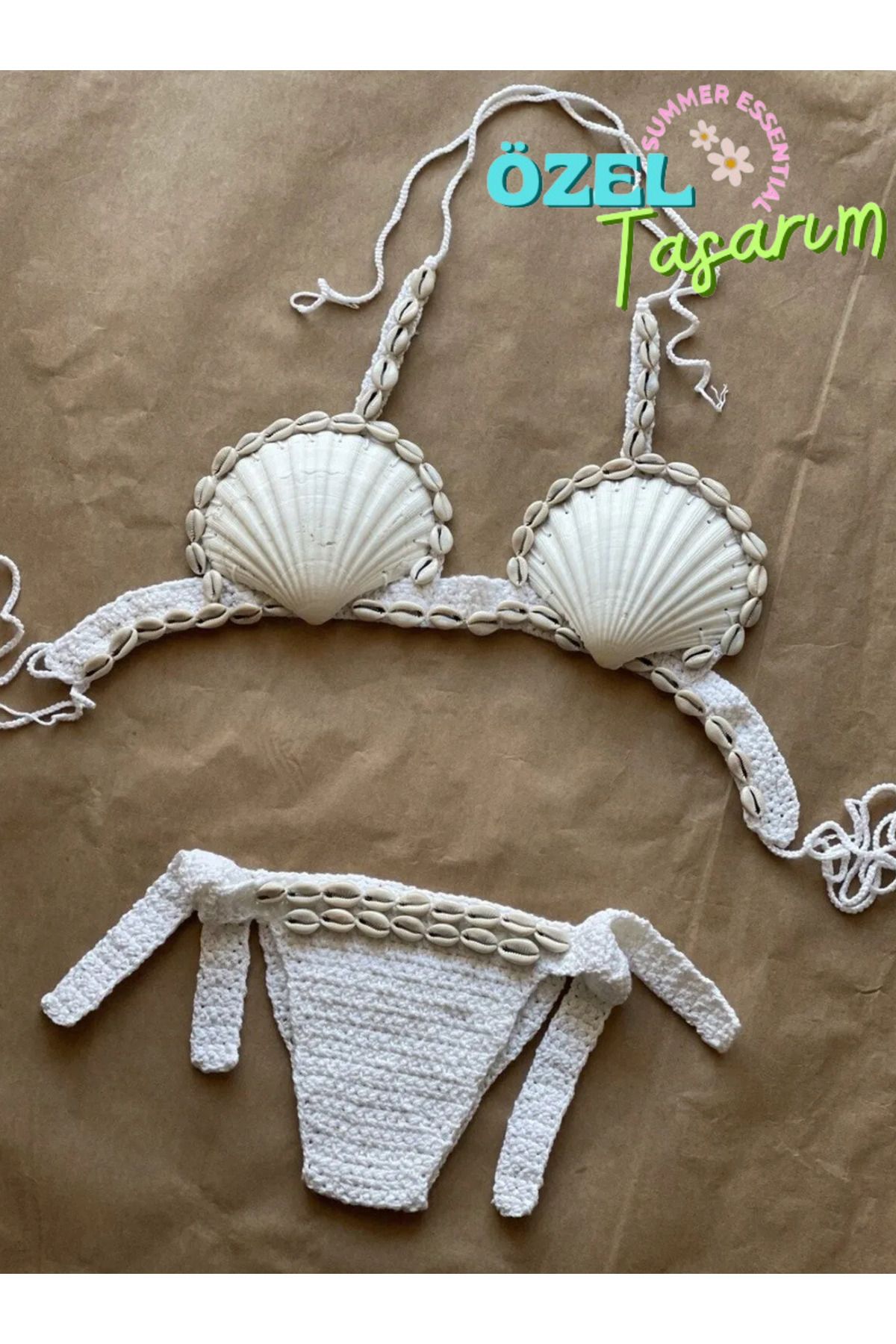 scyllastore Nora El Yapımı Doğal Deniz Kabuklu Ayarlanabilir Örgü Bikini Takımı