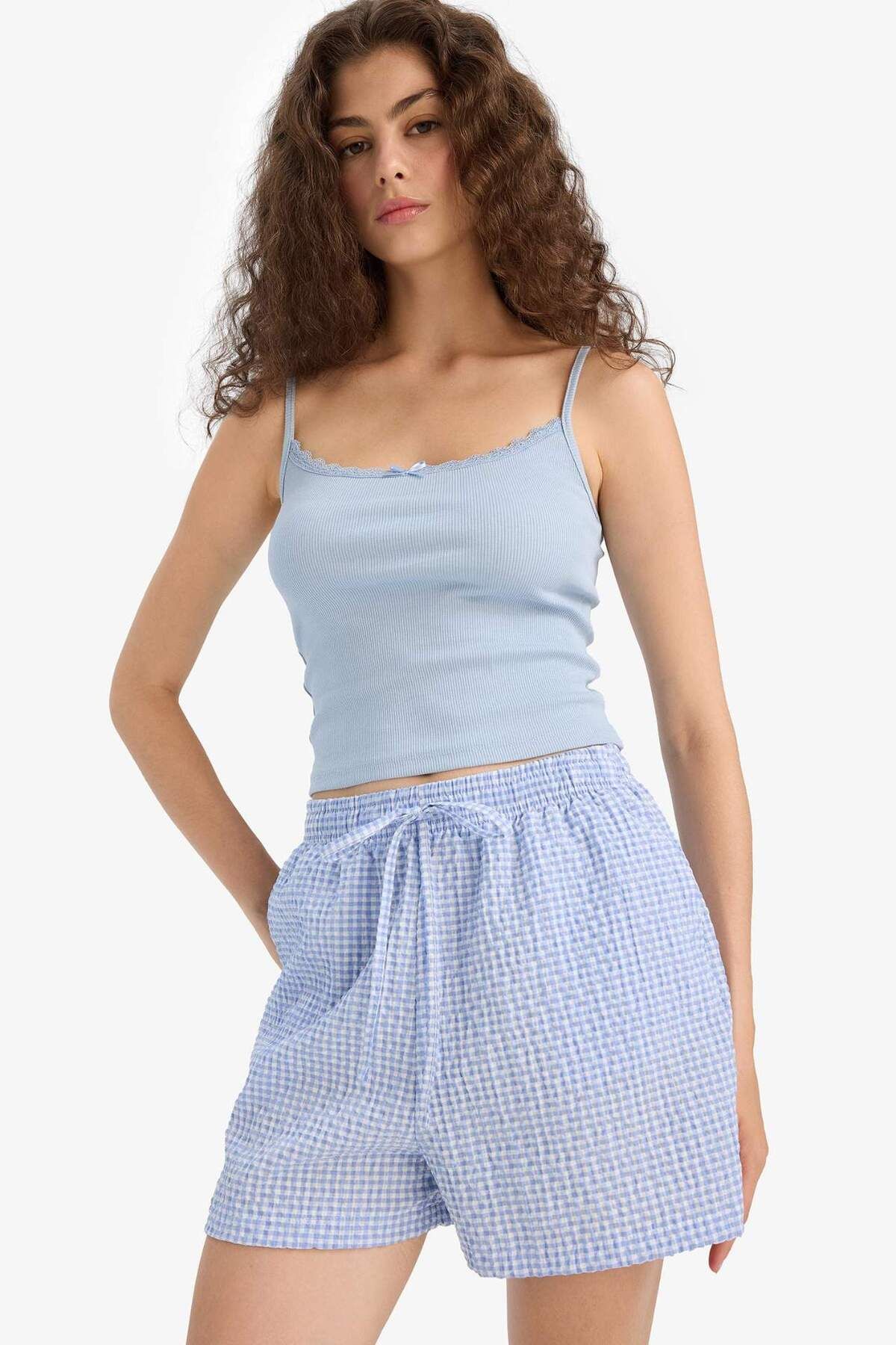 DeFacto-A-Line Gingham Pocket Regular Waist Shorts F2867Ax25Hs 5