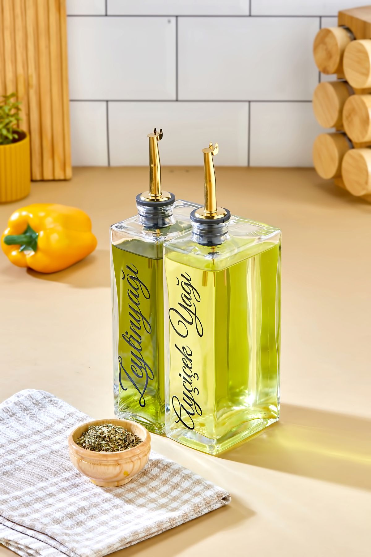 MODA OZY 2'li 500 ml Cam Şişe Zeytinyağı /Ayçiçekyağı Transfer Etiketli Yağdanlık Sosluk Sirkelik