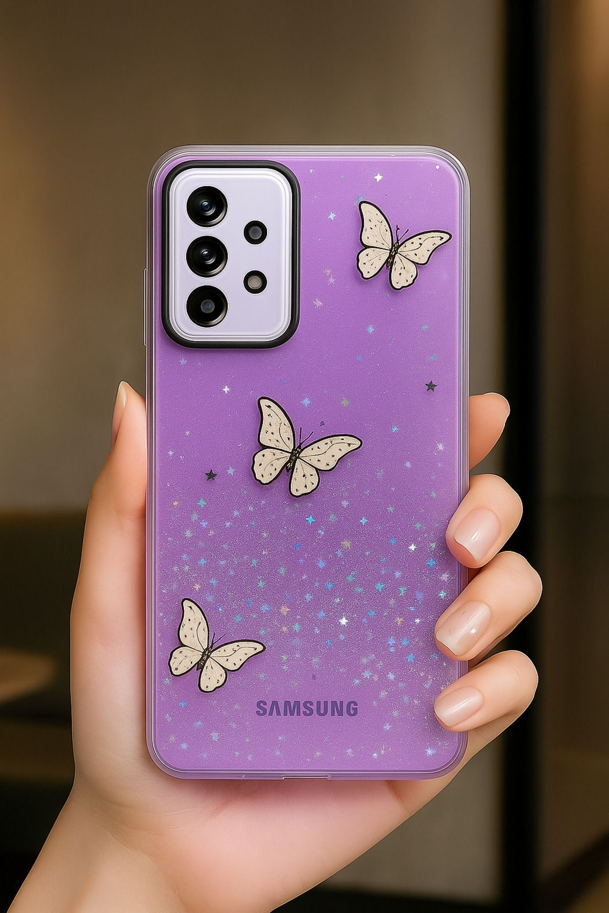 Rivor Samsung Galaxy A32 4G Kılıf Kamera Çıkıntılı Simli Kelebek Kabartmalı Desenli İnce Premium Kapak
