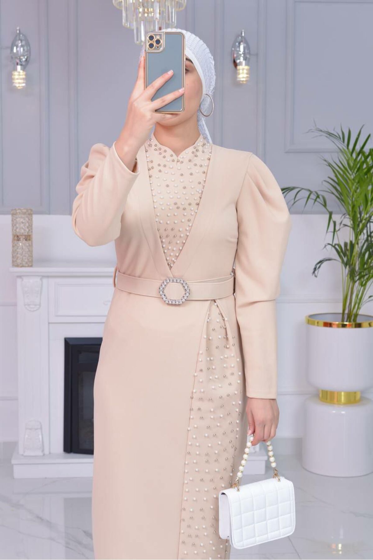 zümrüt moda inci detaylı kemerli tesettür abiye 1807