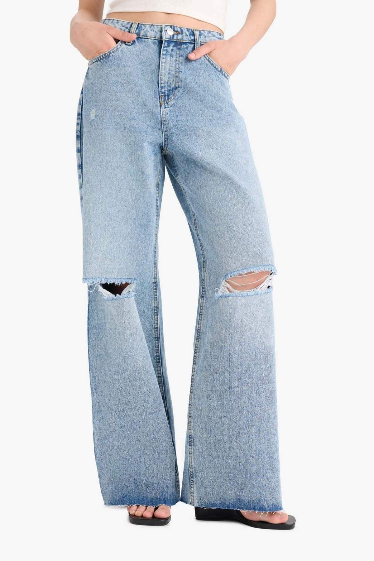 DeFacto Wide Leg Yırtık Detaylı Yüksek Bel Geniş Paça Uzun Jean Pantolon E1681AX25SM