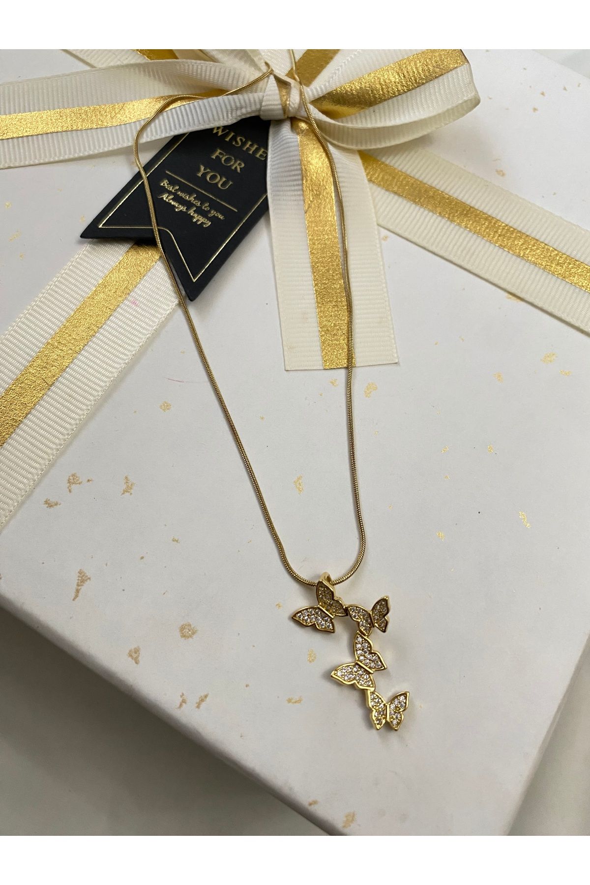 asem jewelry TREND KELEBEK SARKITLI GOLD RENK ÇELİK KOLYE