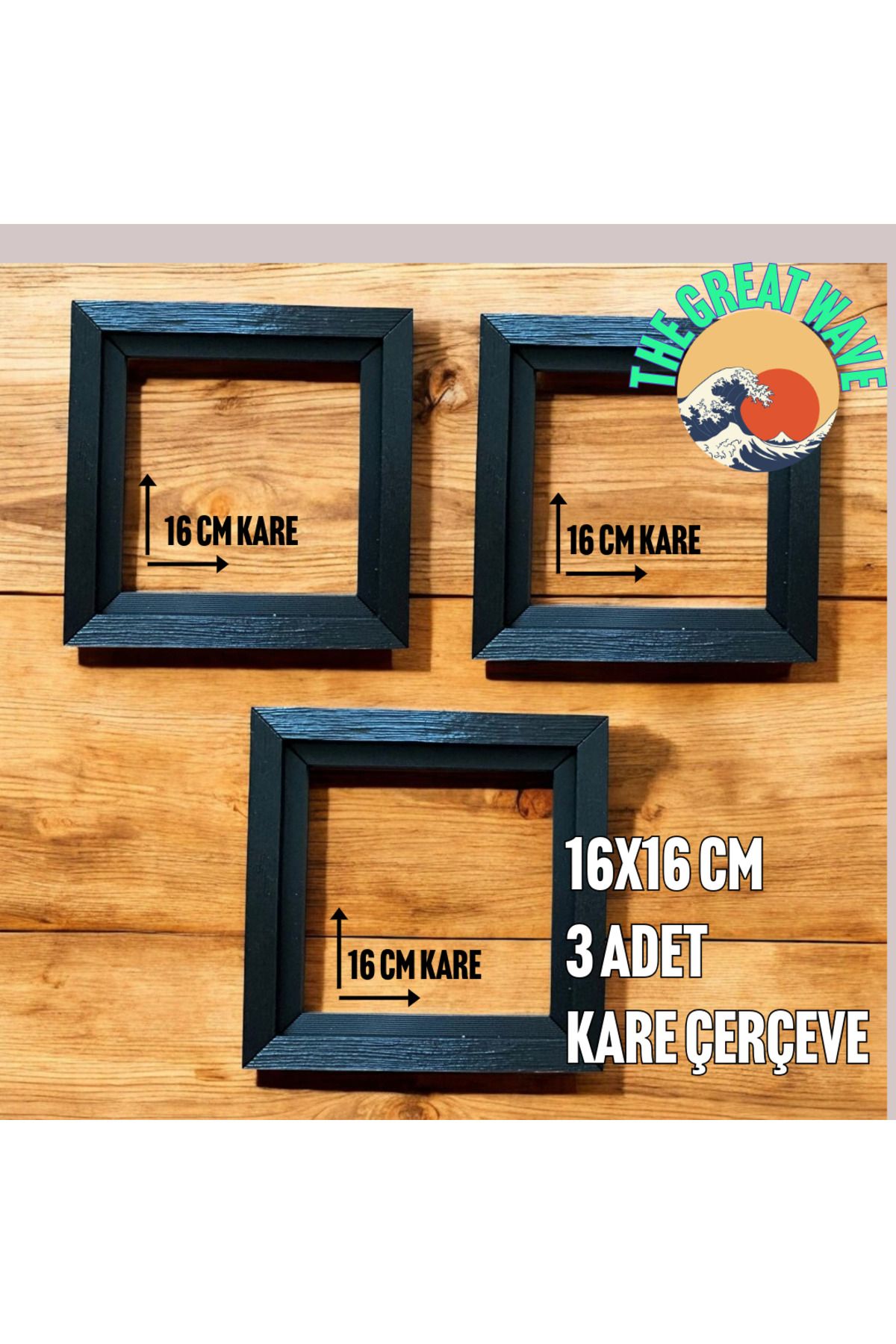 The Great Wave 3'lü Ağaç Desenli Plastik Kare Çerçeve Seti (16x16 cm - Ahşap Dokulu, görünümlü - Kahve,Krem,Siyah)