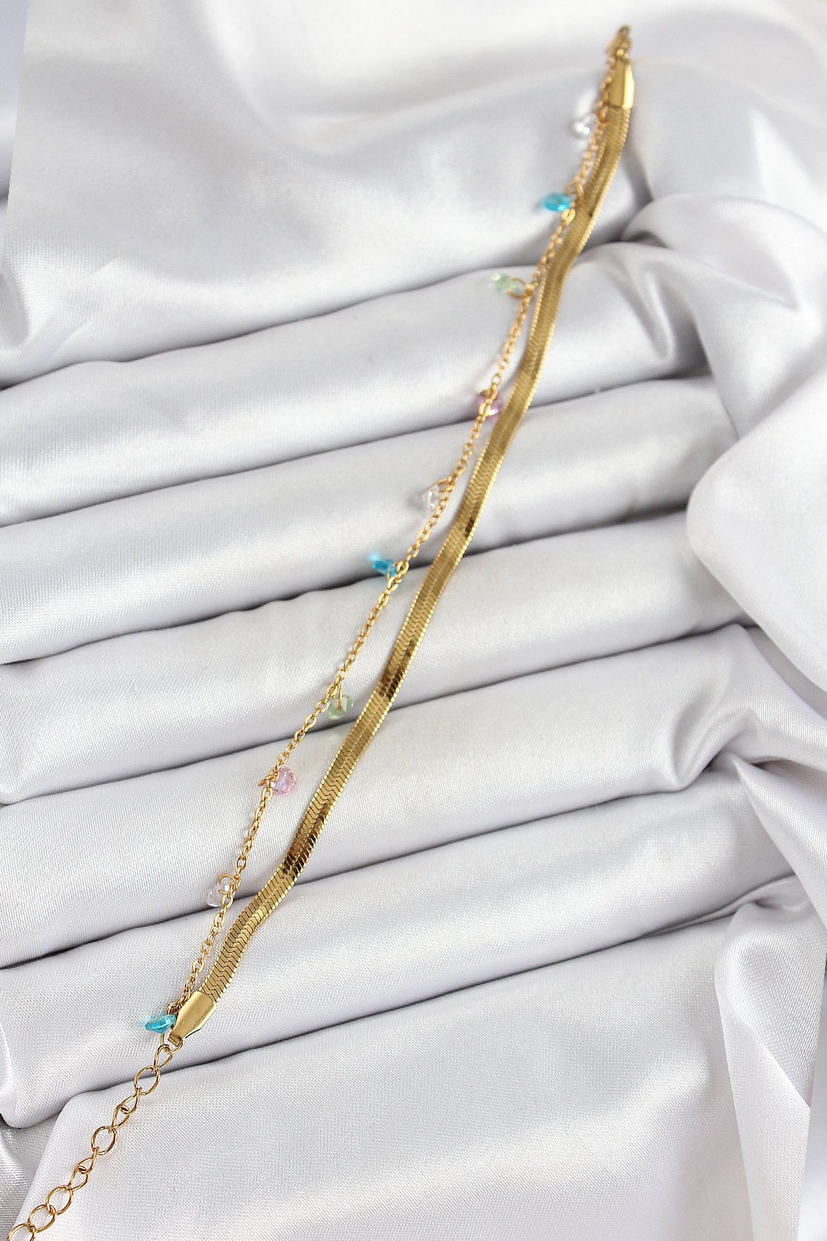 Kuzgun Ticaret 316L Çelik Gold Renk Karışık Renkli Kristal Taşlı 2'li Kadın Bileklik - TJ-BB7093