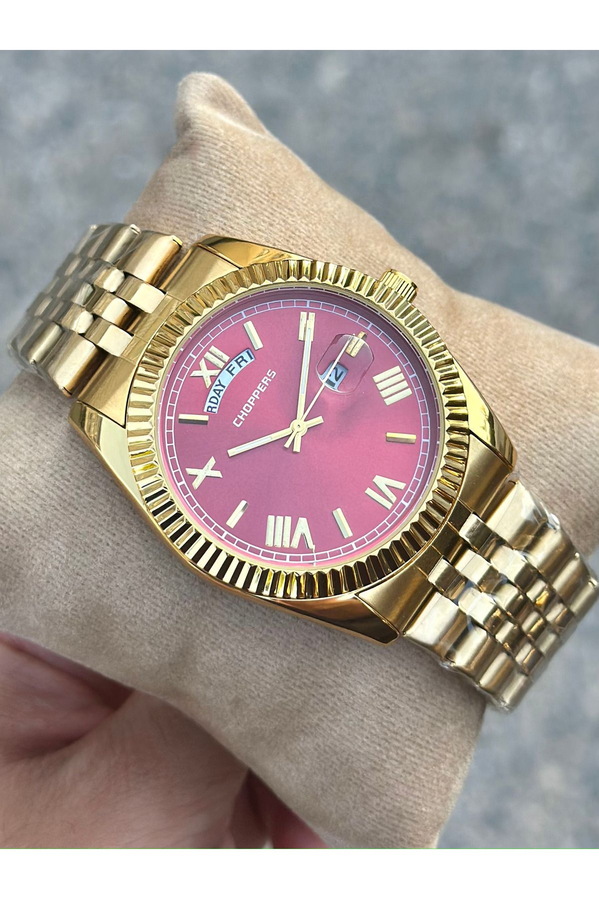 pierrose Gold Çelik Kordon Kırmızı Kadran Takvimli Erkek Kol Saati