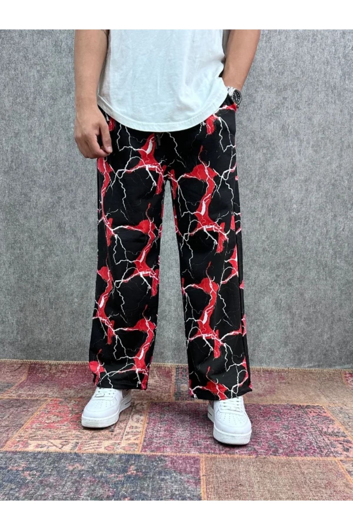 FıttingRoom Beli Lastikli Boru Paça Desenli Baggy Pantolon