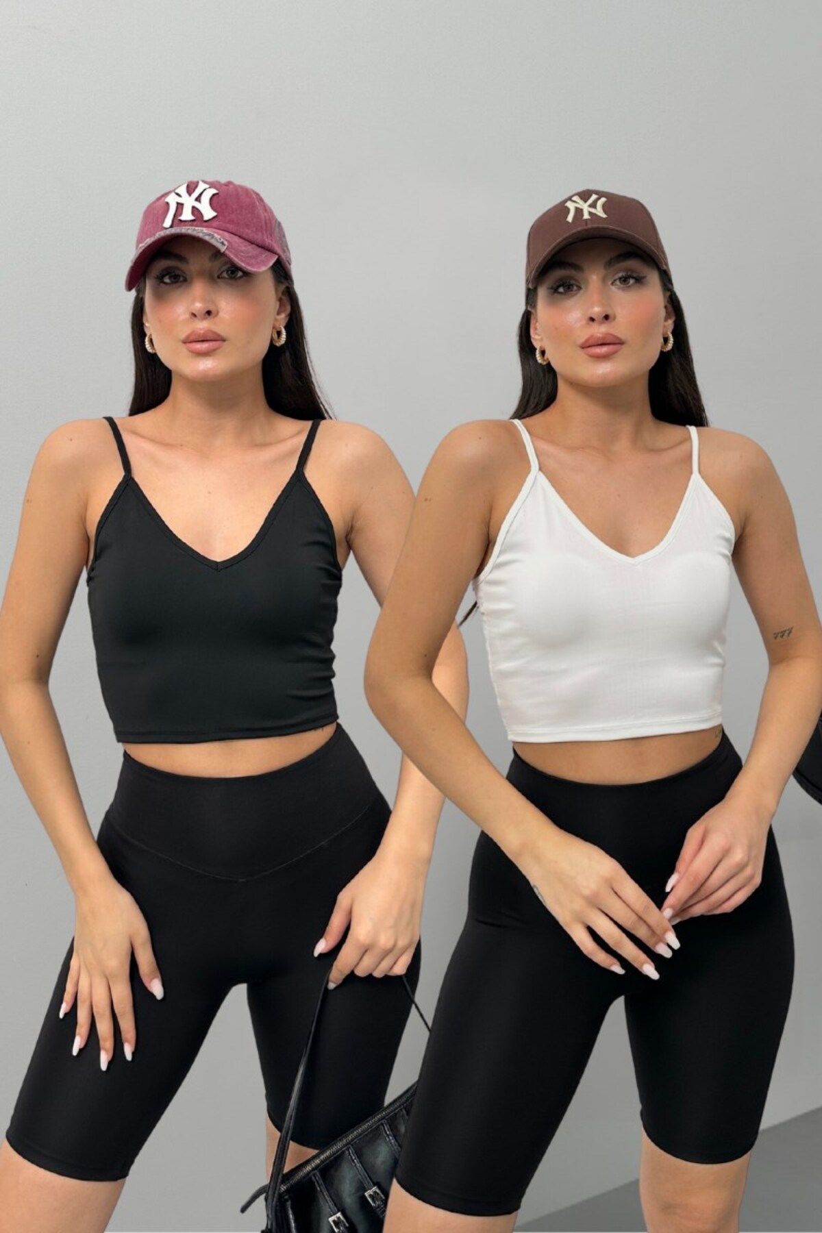 spirituel İkili Kadın Crop Top Askılı V Yaka Büstiyer Siyah Beyaz