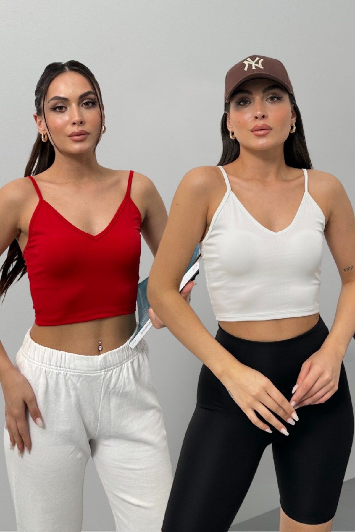 spirituel İkili Kadın Crop Top Askılı V Yaka Büstiyer Beyaz Kırmızı
