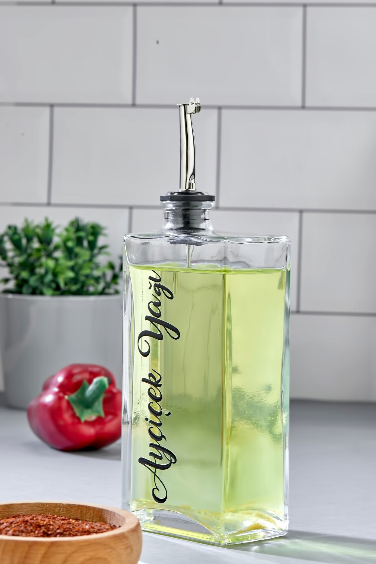 MODA OZY 1 Adet Cam Yağdanlık Metal Gümüş Kapaklı Transfer Etiketli Ayçiçek/Zeytinyağı/Sirke/Narekşisi 500ml