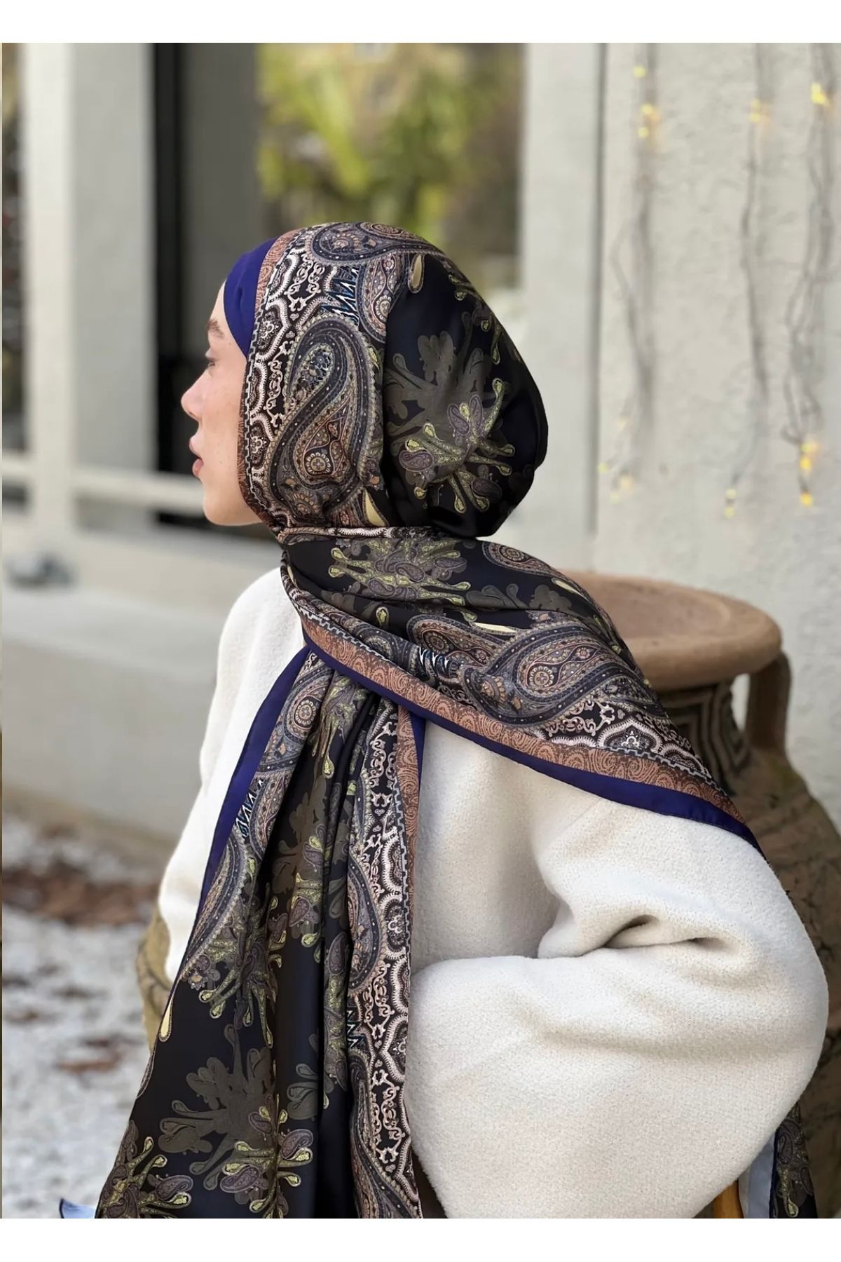 Modakaşmir Yasemen kenarı morcivert vual şal