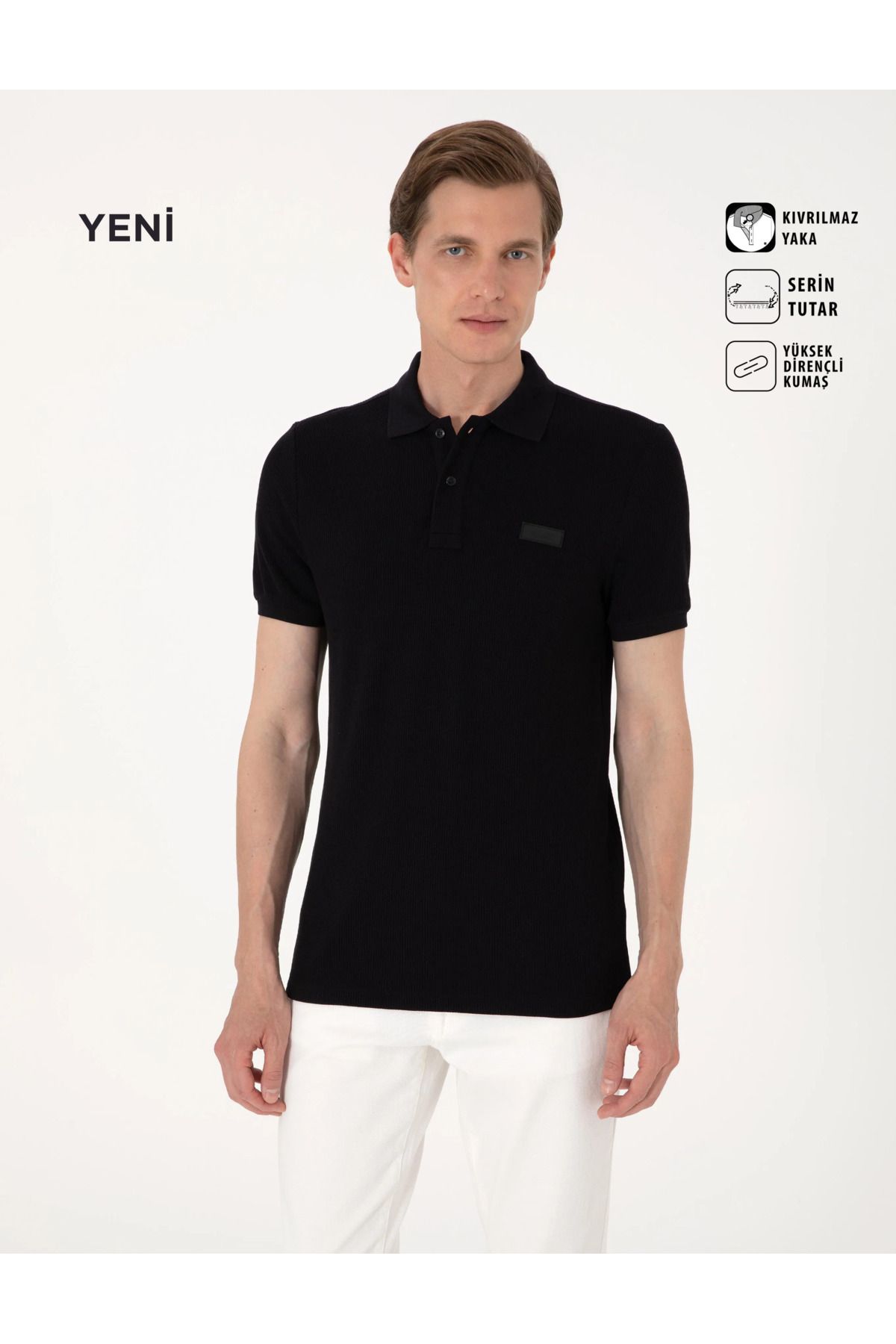 Pierre Cardin Siyah Slim Fit Örme Dokulu Polo Yaka T-Shirt