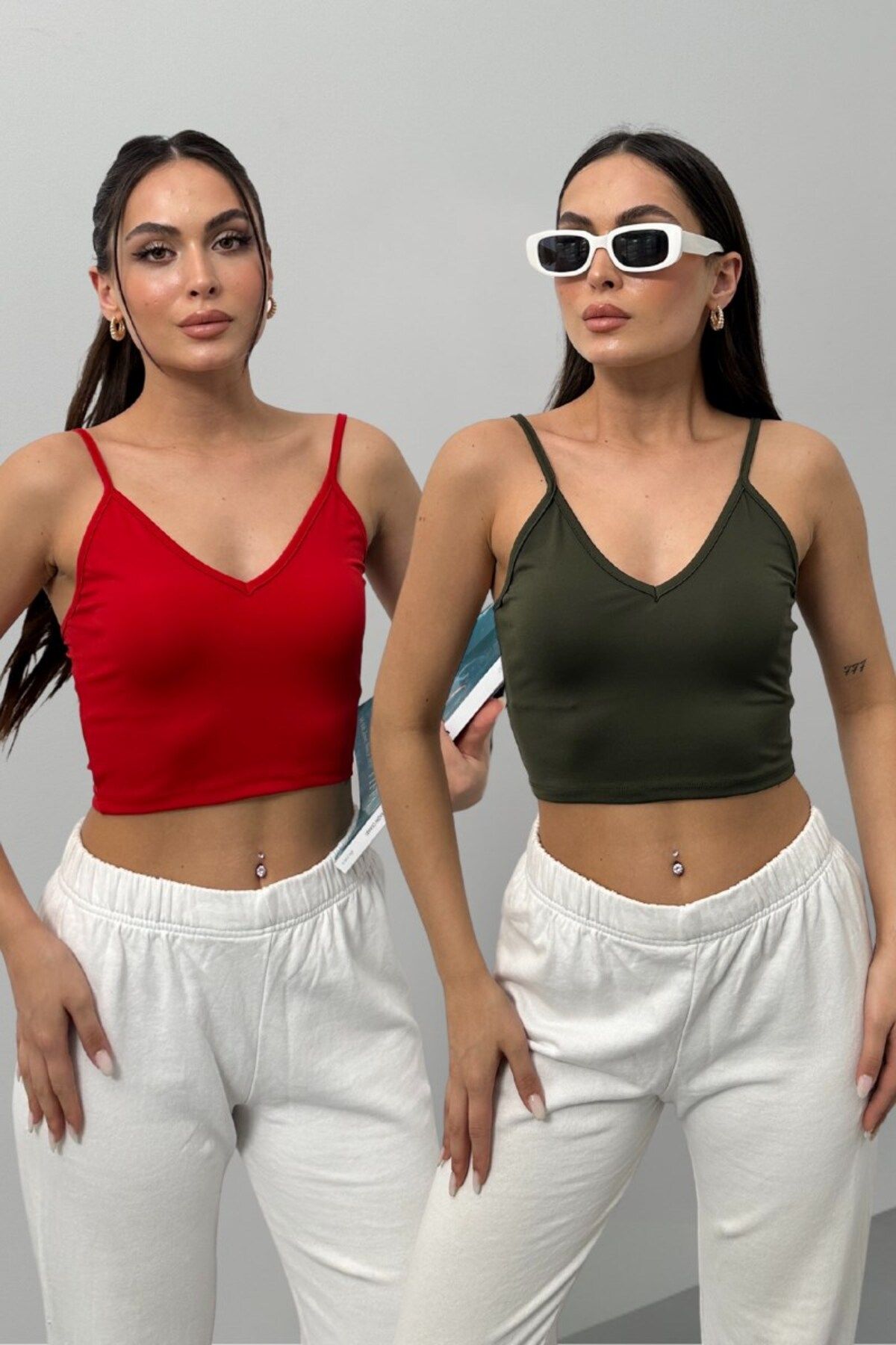 spirituel İkili Kadın Crop Top Askılı V Yaka Büstiyer Haki Kırmızı