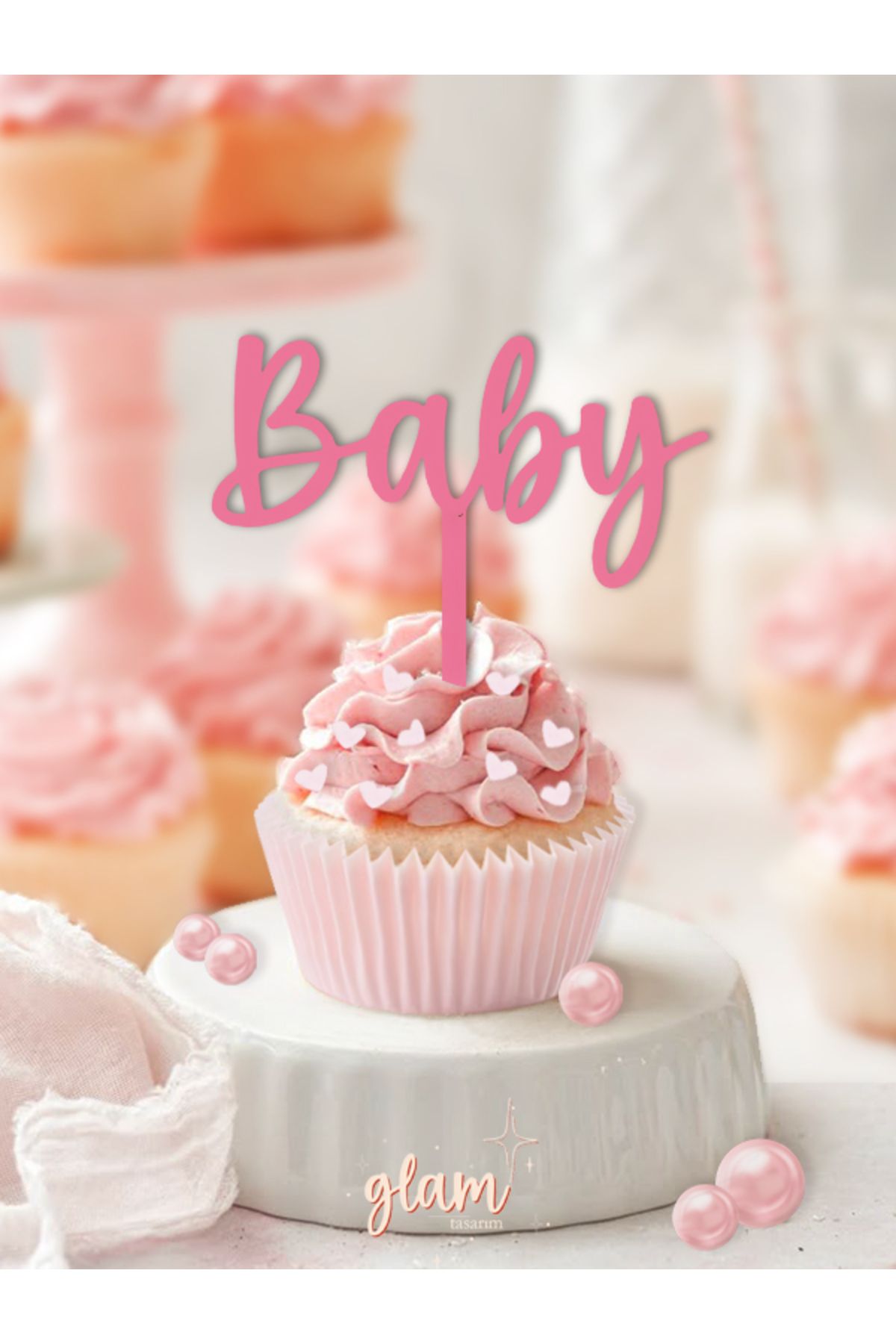GLAM DEKORASYON Pembe Baby Yazılı Bebek Doğum Günü Cinsiyet Partisi Baby Shower Pasta Kürdanı Kek Ve Tatlı Süsleri