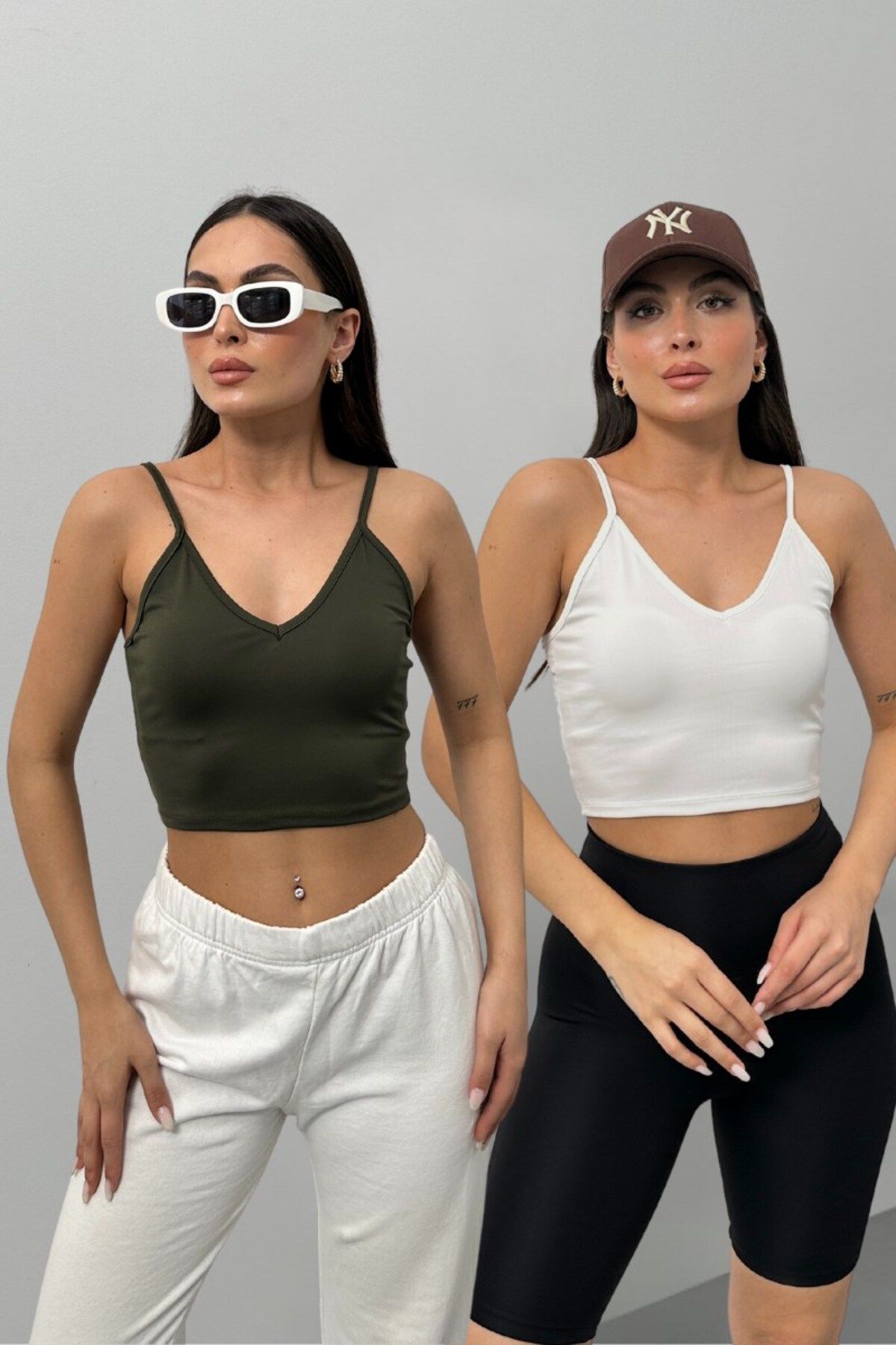 spirituel İkili Kadın Crop Top Askılı V Yaka Büstiyer Haki Beyaz