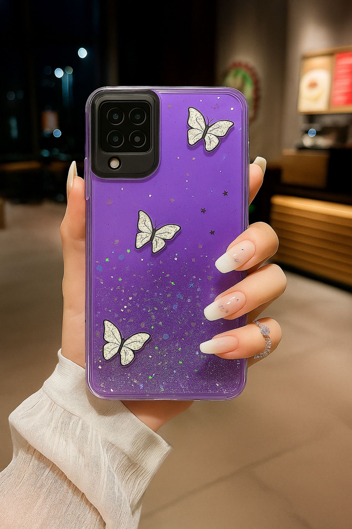 Rivor Samsung Galaxy A22 & M22 & M32 Kılıf Kamera Çıkıntılı Simli Kelebek Kabartmalı Desenli İnce Kapak