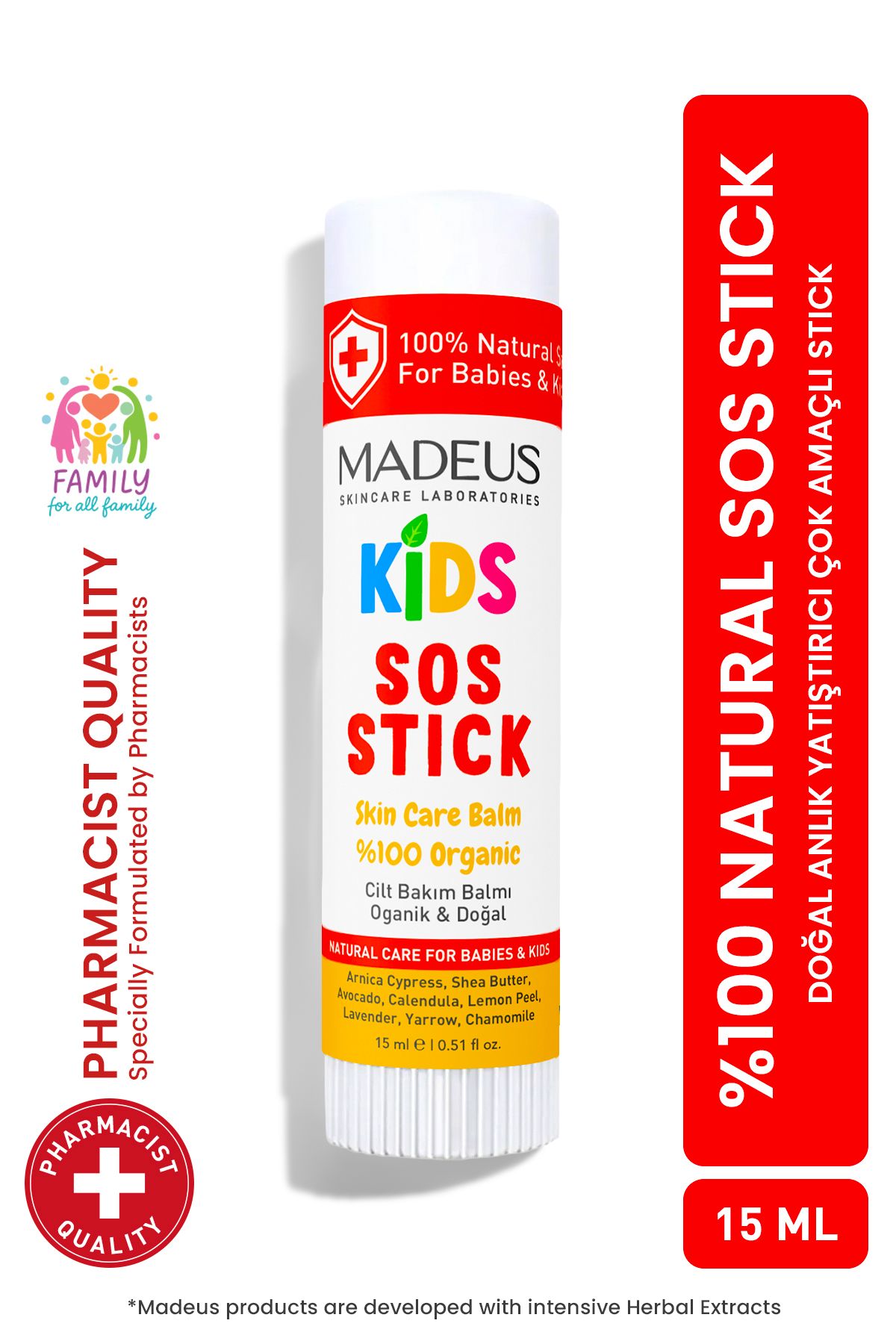MADEUS %100 Doğal Sos Stick Anlık Yatıştırıcı Onarıcı Stick | Bebek & Çocuk | Shea, Arnica, Tamanu | 15 GR
