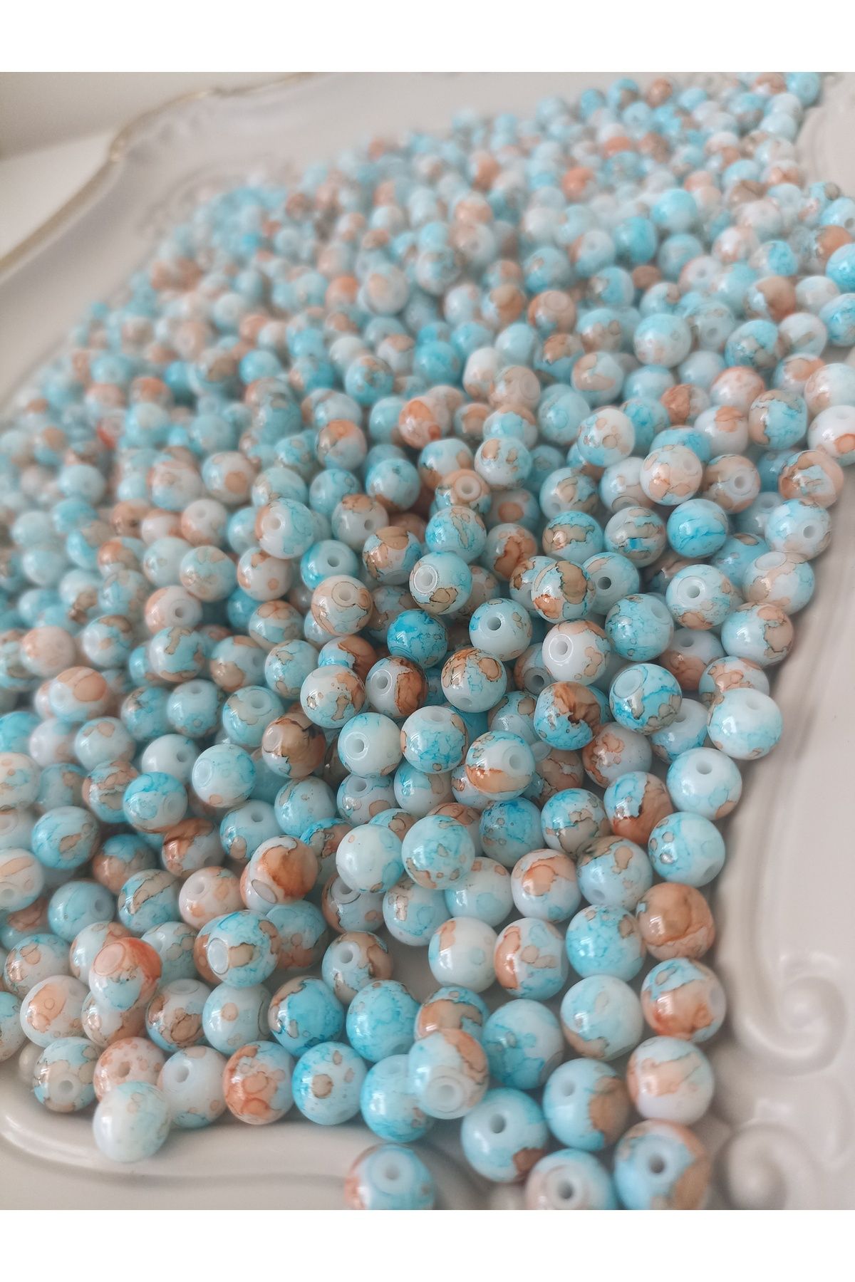 ida design store 8mm Mavi Turuncu Ebruli Renkli Cam İnci Boncuk 100GR