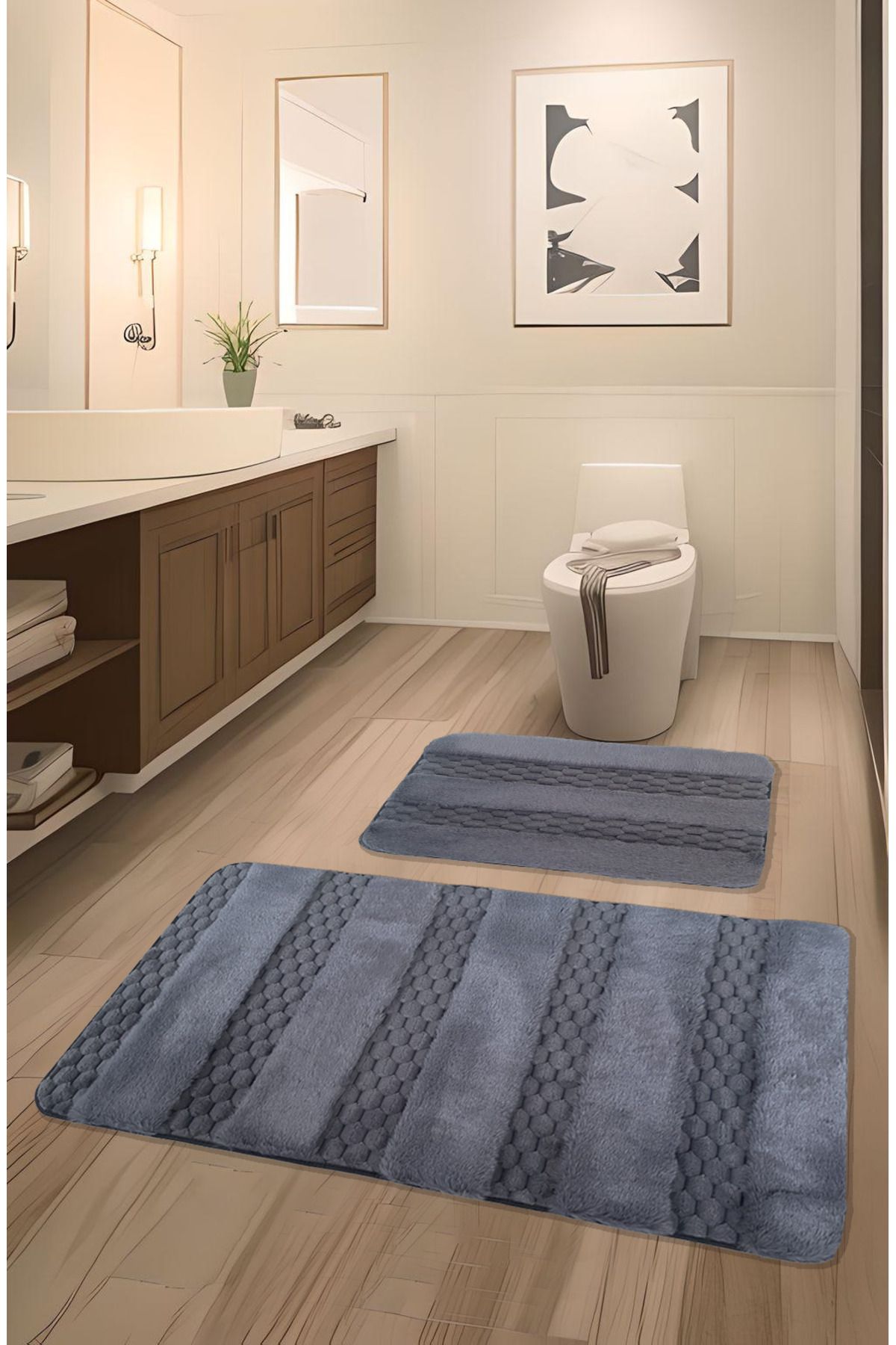 FeelHome Serante Tavşan Tüyü, Kaymaz Taban, Pofuduk, Yumuşacık, Yıkanabilir 2'li Banyo Paspası Antrasit