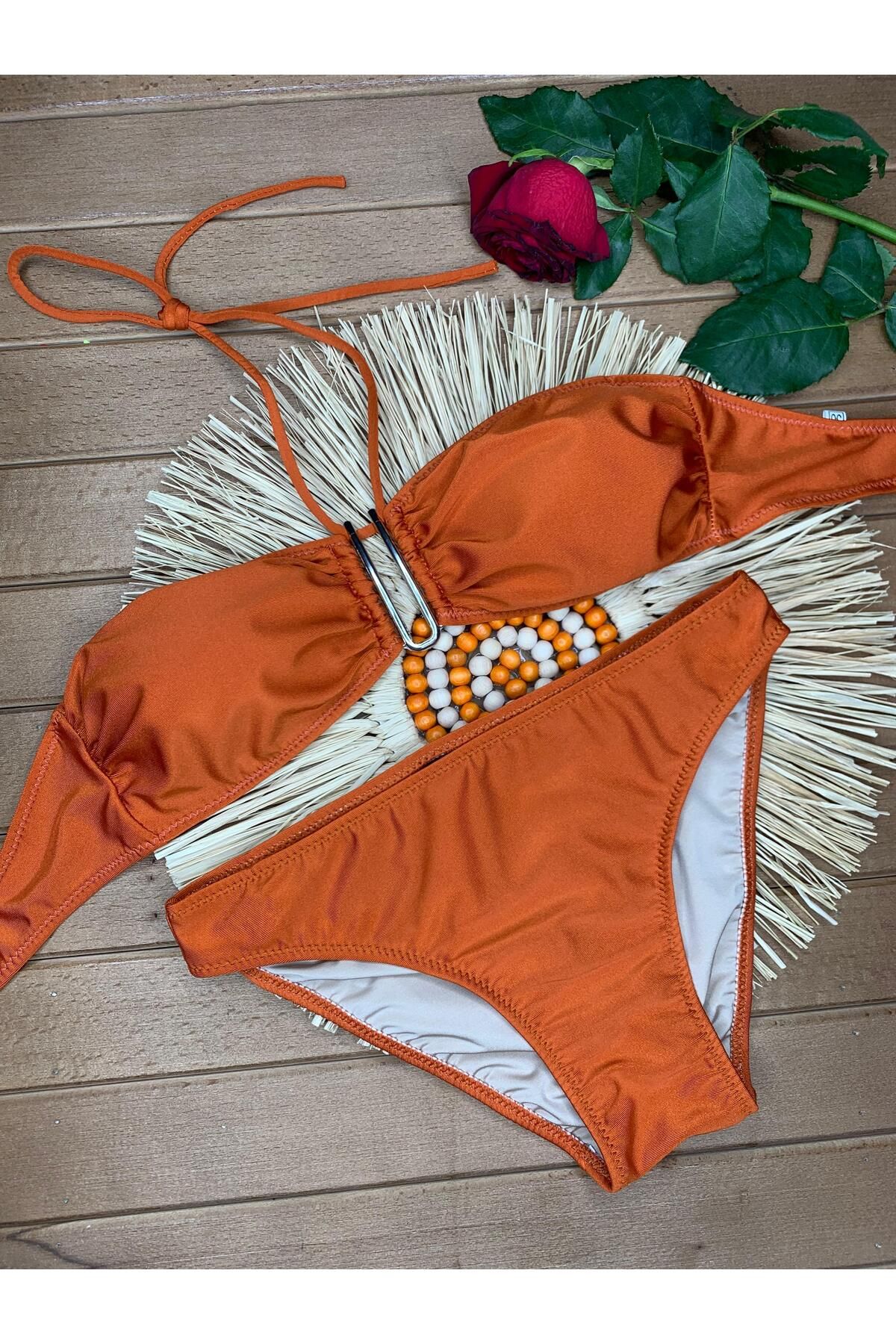 XORVİO Kadın Likralı Esnek İpli Boyundan Bağlamalı Straplez Şık Kaliteli V Detaylı Bikini Takım
