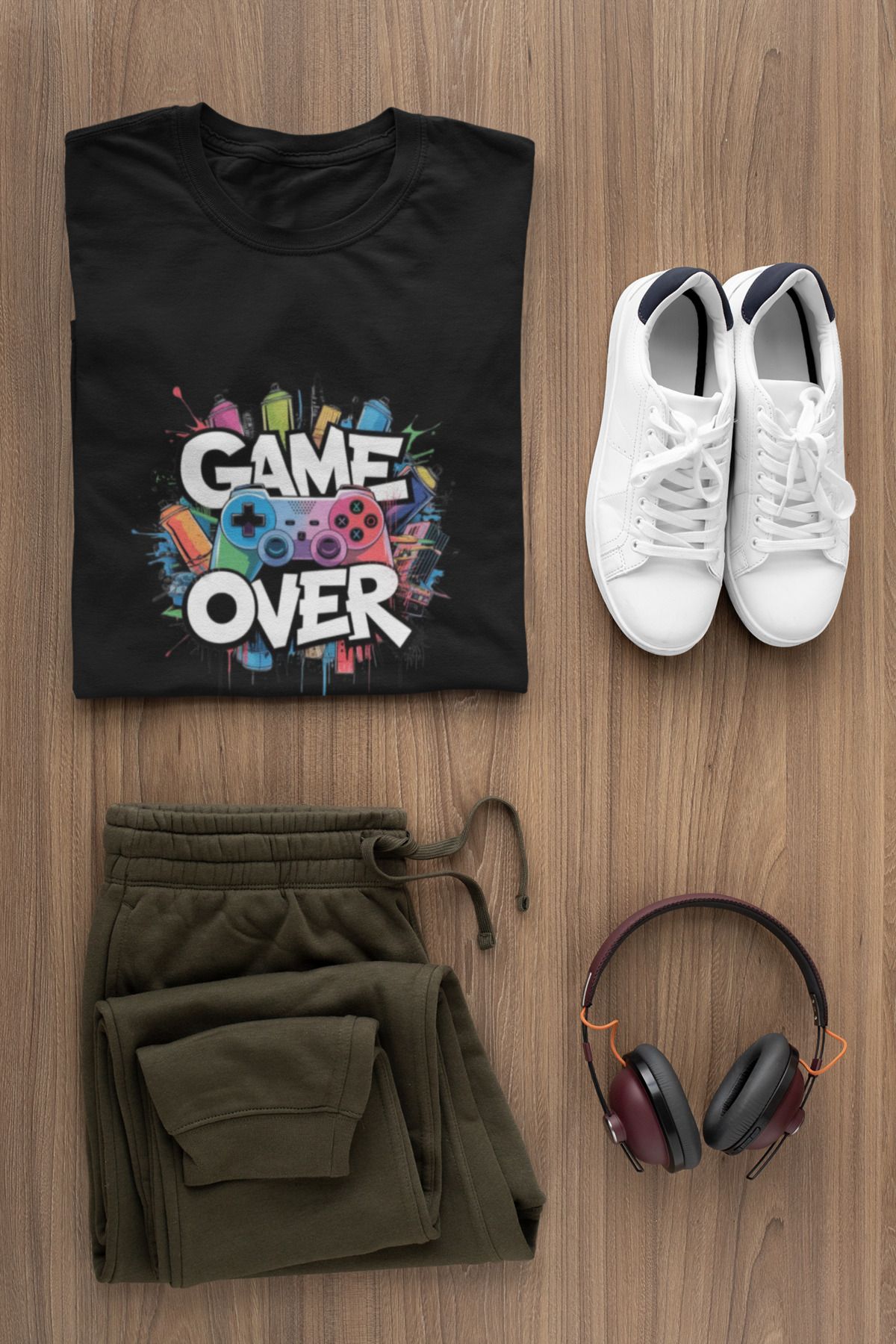 MAGORS GAMEOVER BASKILI BİSİKLET YAKA PAMUKLU OVERSIZE KALIP KISA KOLLU KADIN VE ERKEK TSHIRT