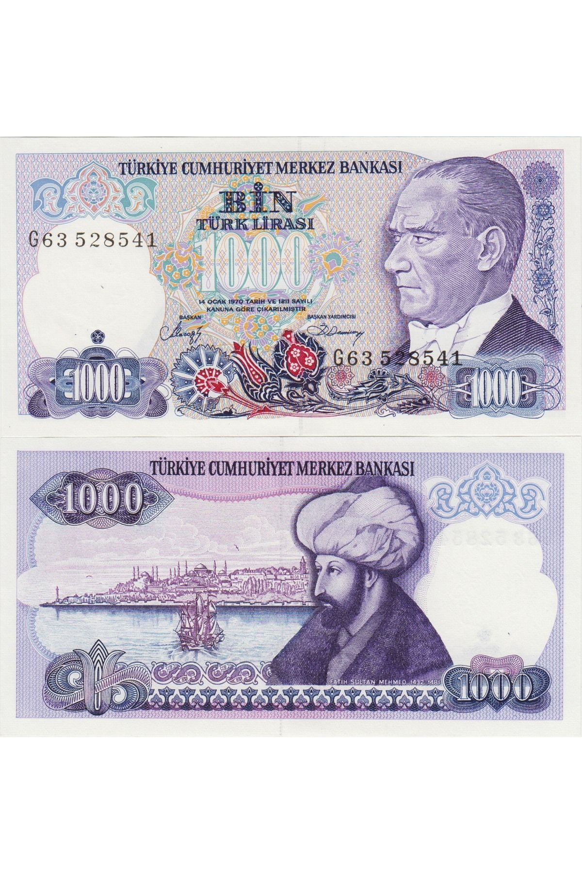Banknoting 7. EMİSYON 2. TERTİP 1000 LİRA. G63 5285.. SERİSİNDEN. FATİH SULTAN MEHED - İSTANBUL VE BOĞAZİÇİ TEM