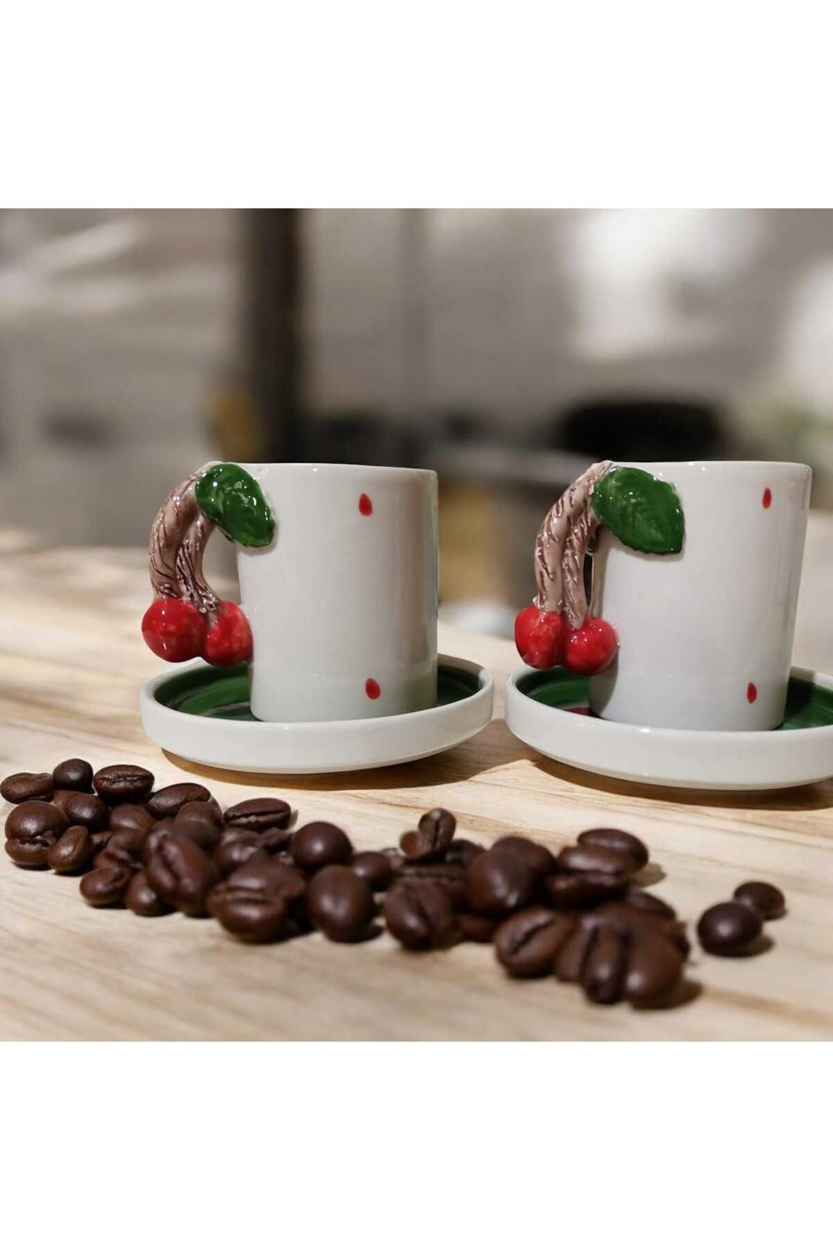 Dİ TAZZA El Yapımı 2 Kişilik 4 Parçalı Kiraz Kulplu Kahve Fincan Takımı 110ml