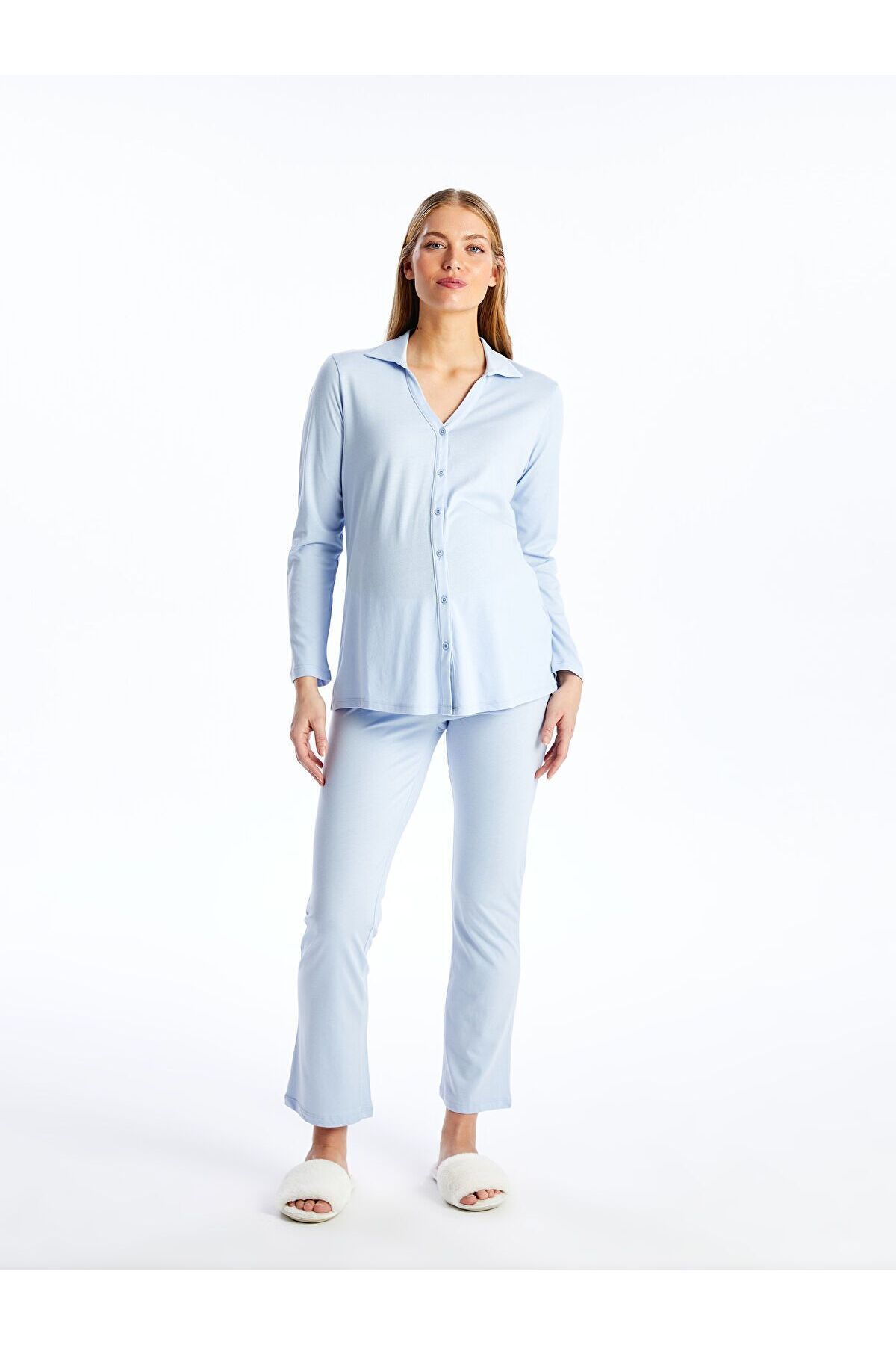 LC Waikiki Gömlek Yaka Düz Uzun Kollu Hamile Pijama Takımı