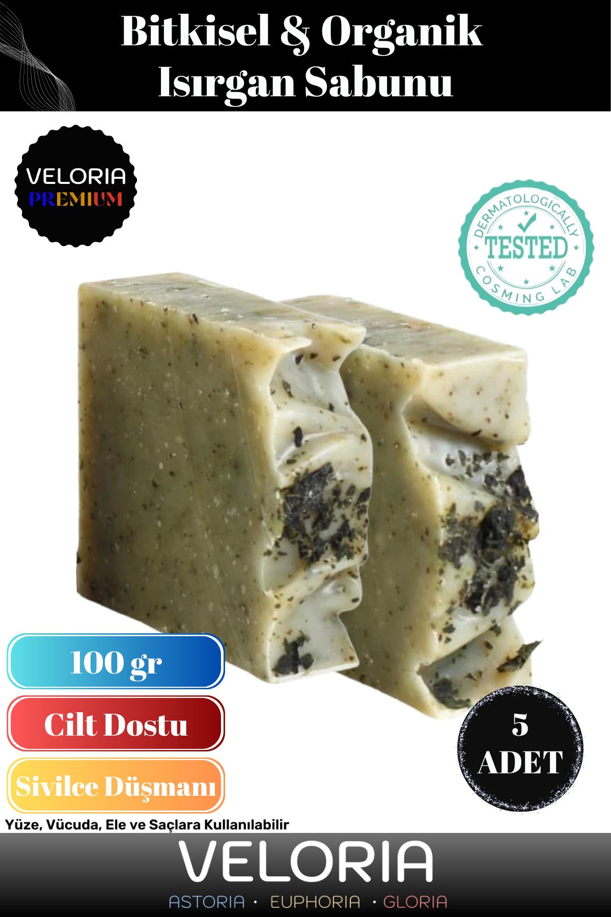 Veloria Premium Seri %100 Doğal Organik Yüz Saç Vücut Cilt Dengeleyici Güzel Kokulu Isırgan Sabunu 5 Adet
