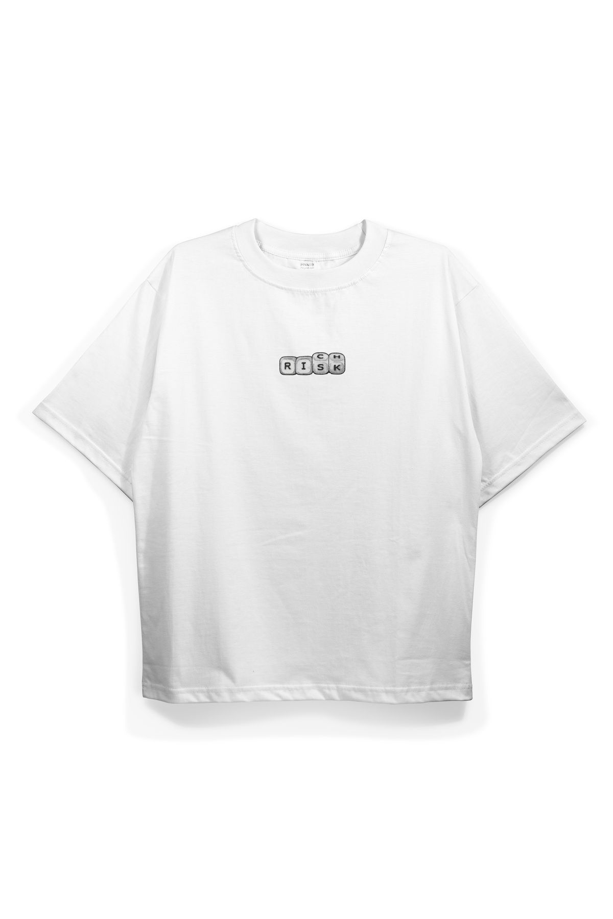 Pinned Unisex Risk Baskılı Beyaz Oversize Tişört | Arka ve Ön Baskılı Pamuk Yazlık Erkek Kadın Tshirt