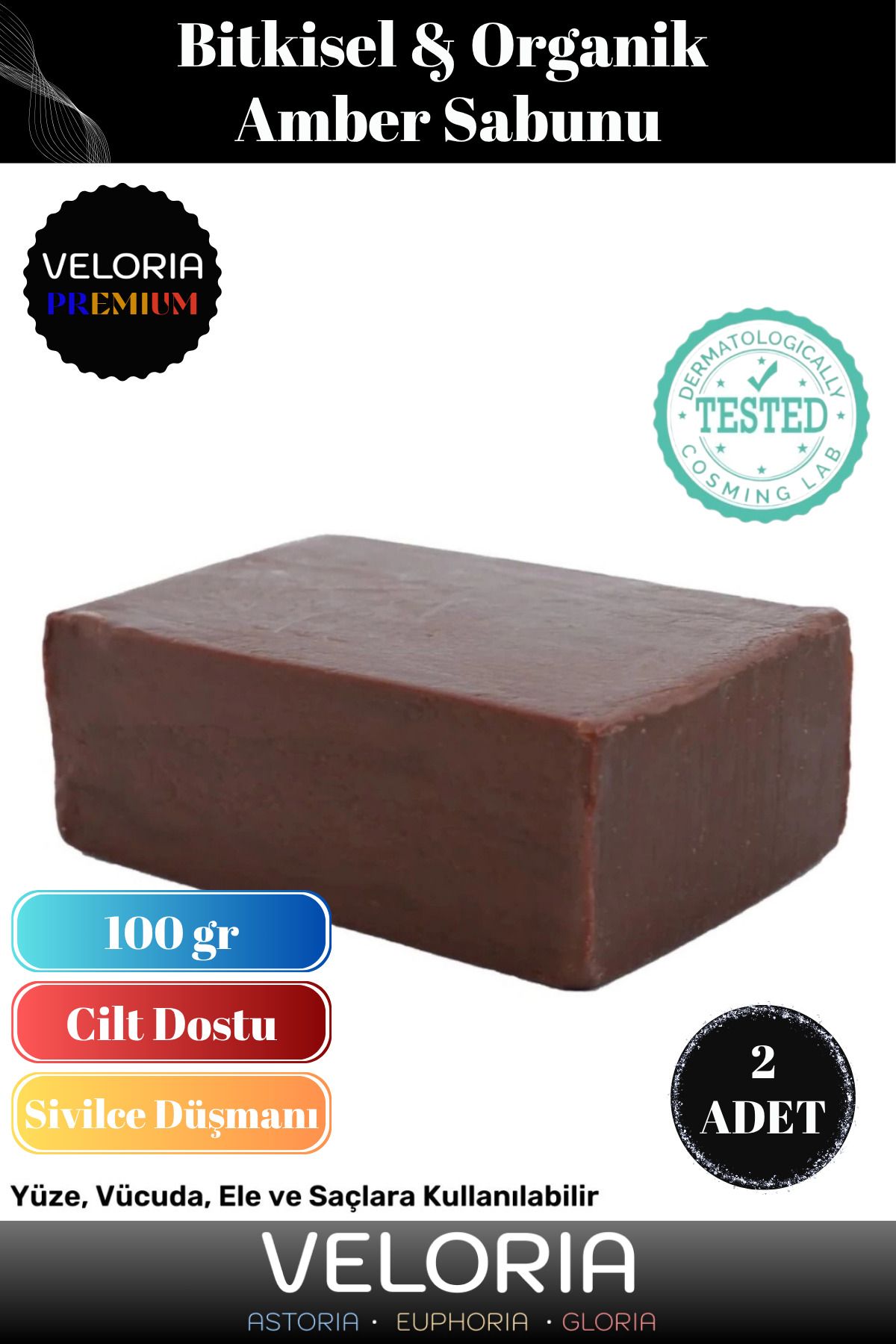 Veloria Premium Seri %100 Doğal Organik Yüz Saç Vücut Cilt Dengeleyici Kolajen Etkili Amber Sabunu 2 Adet