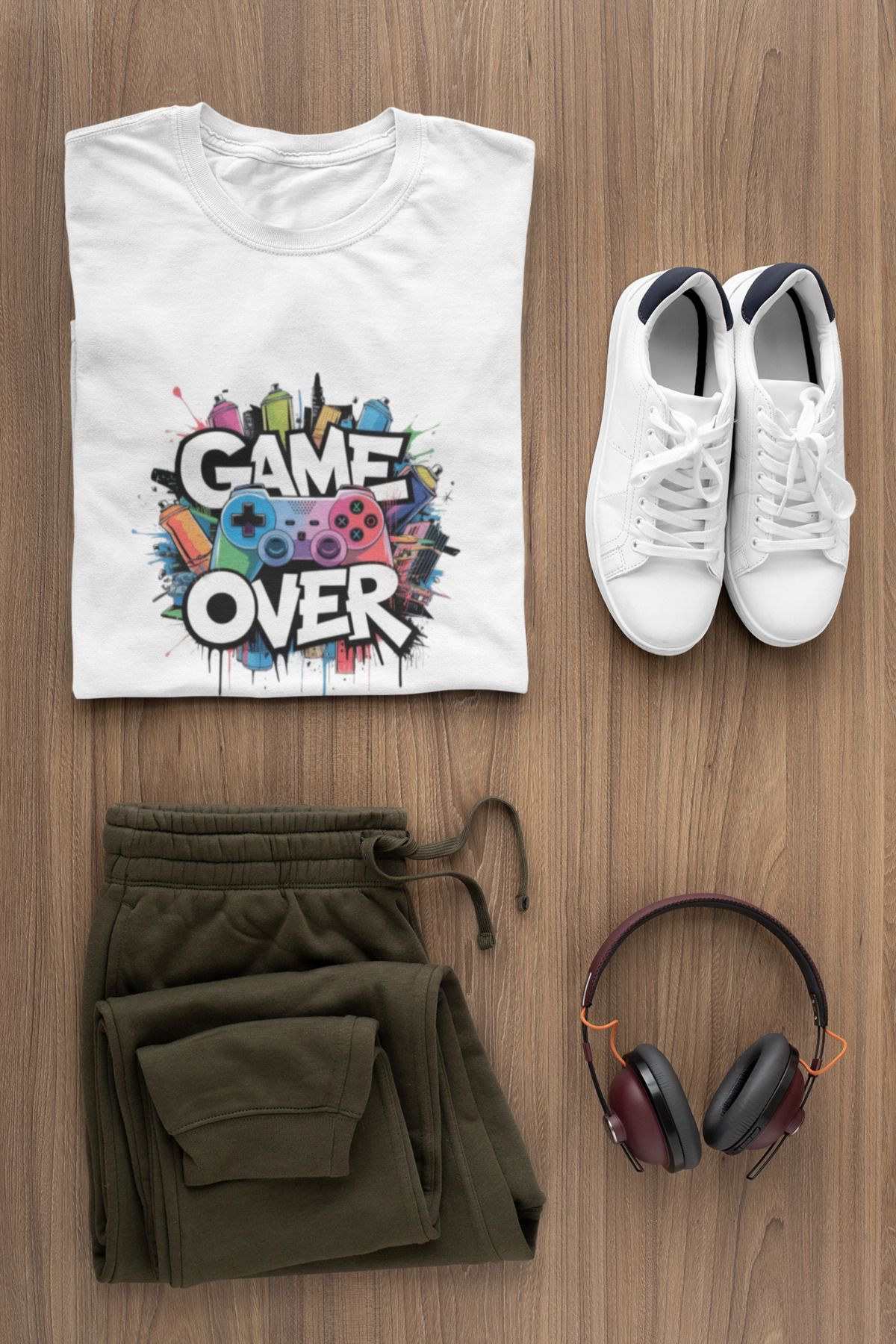 MAGORS GAMEOVER BASKILI BİSİKLET YAKA PAMUKLU OVERSIZE KALIP KISA KOLLU KADIN VE ERKEK TSHIRT