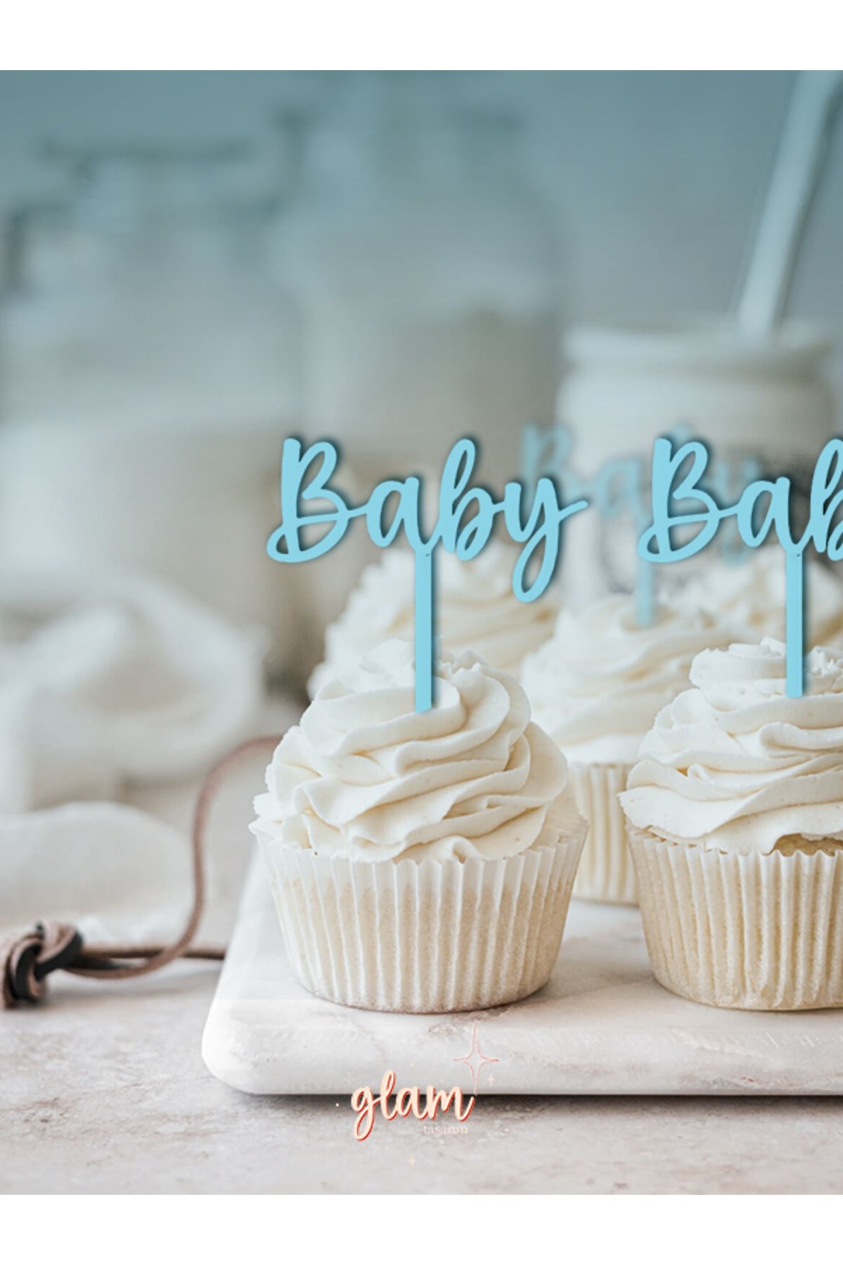 GLAM DEKORASYON Mavi Renk Baby Yazılı Bebek Doğum Günü Cinsiyet Partisi Baby Shower Pasta Kürdanı Kek Tatlı Süsleri