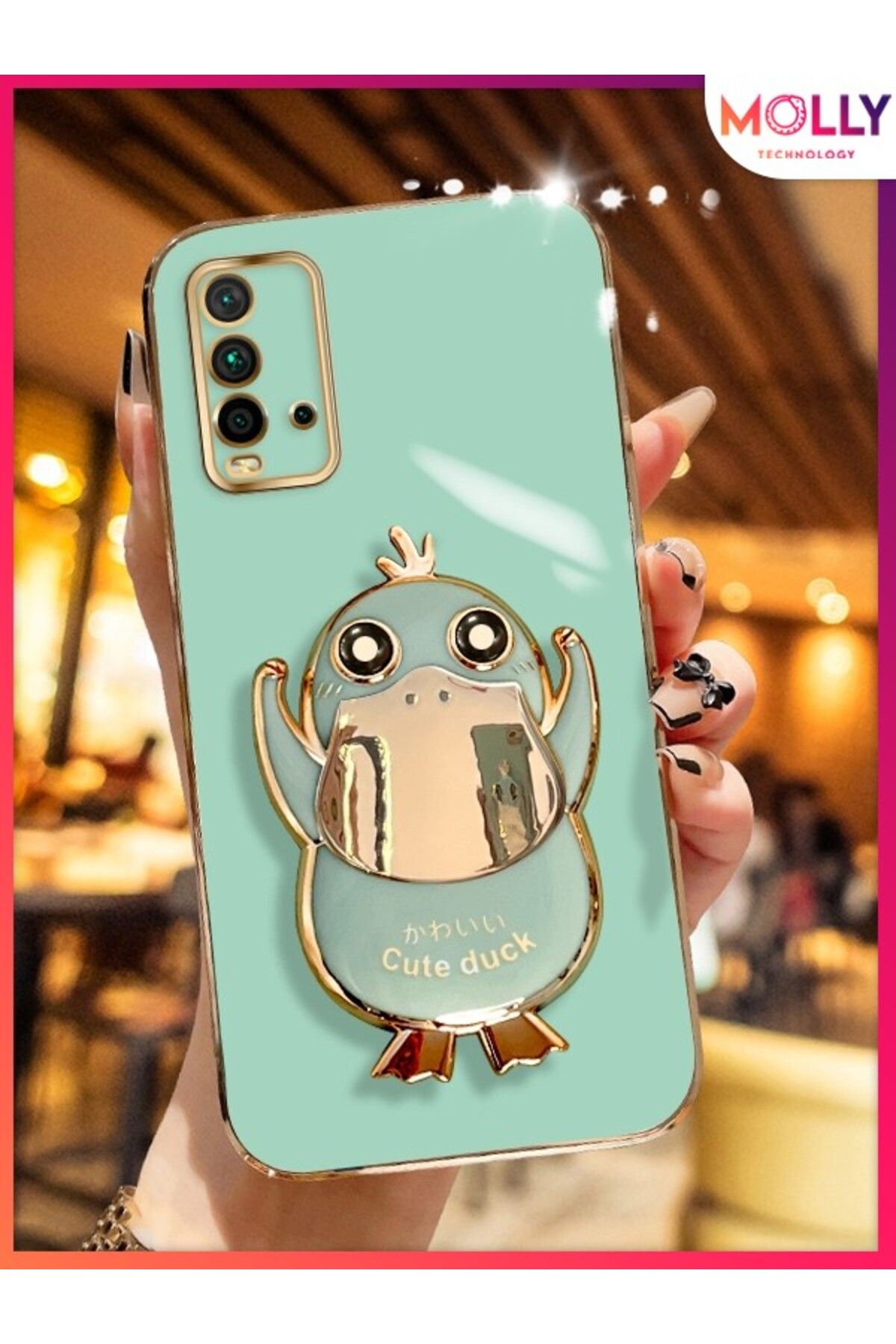 Molly Xiaomi Redmi 9T İçin Su Yeşili Sevimli Ördek Standlı Kenarları Gold Detaylı Lüks Silikon Kılıf