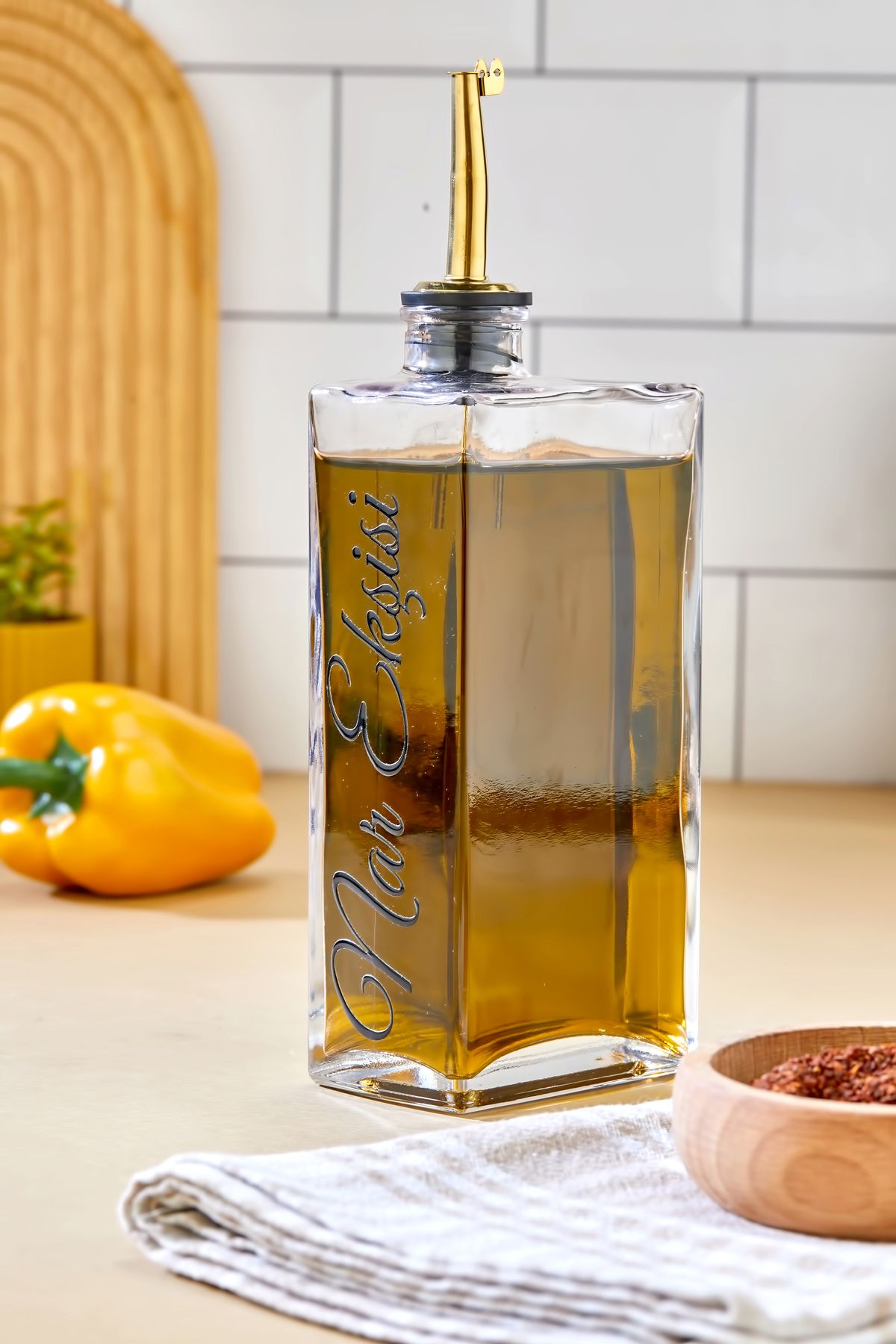 MODA OZY 1 Adet Cam Yağdanlık Metal Gold Kapaklı Transfer Etiketli Ayçiçek/Zeytinyağı/Sirke/Narekşisi 500ml