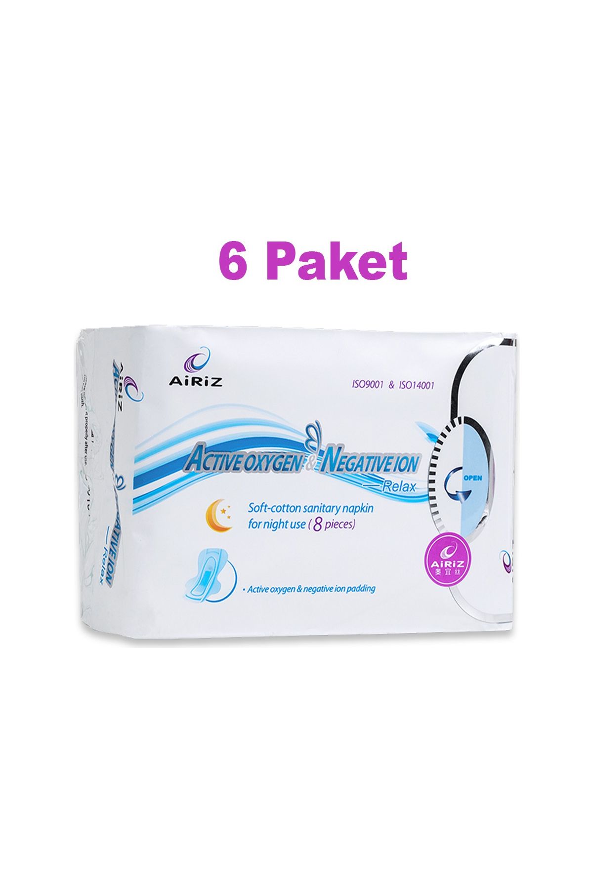 Pembe Gün Airiz Gece Pedi 8'li - Active Oxygen & Negative Ion - Uzun, Süper Emici, Hijyenik Ped x6 Paket