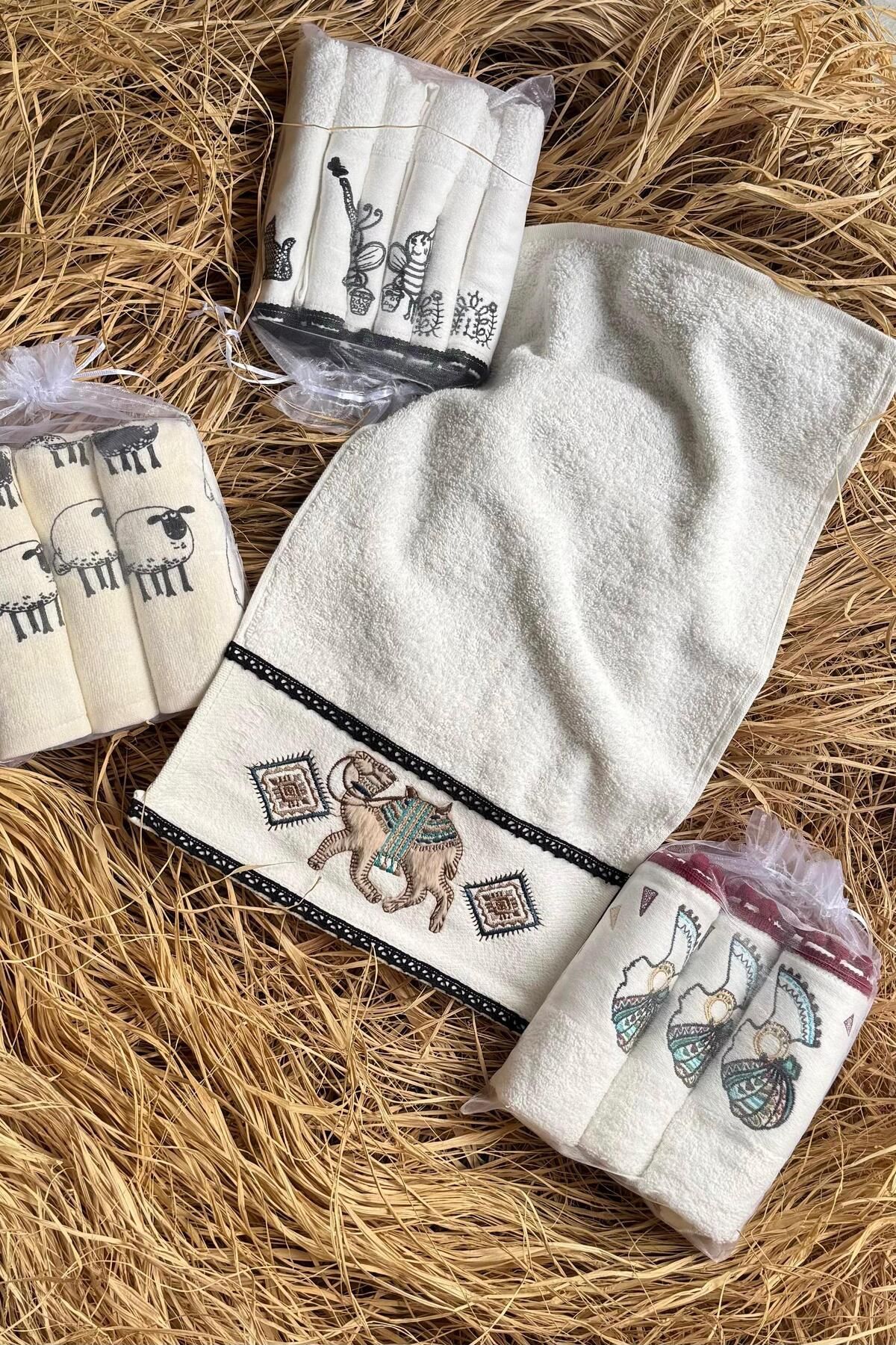 Narma Home Orla Stitch | Nakışlı %100 Pamuk Deve Figür 3'lü Mutfak Havlu Seti
